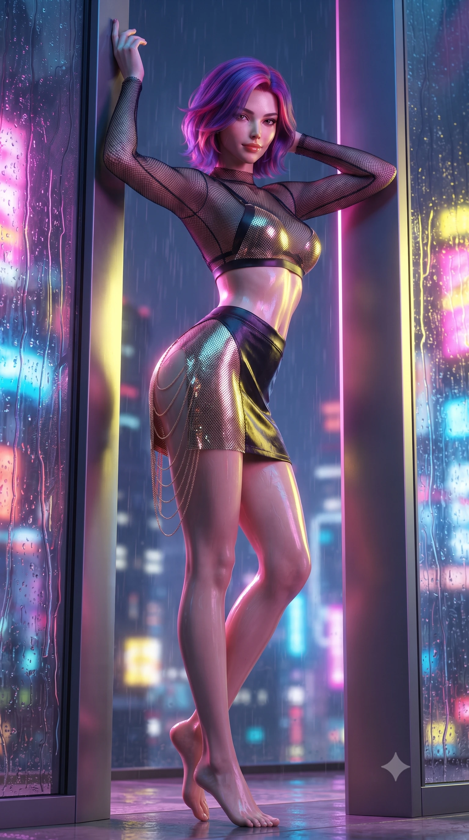 score_9, masterpiece, best quality, ultra-detailed, high-budget anime keyframe, editorial fashion photography, tasteful artistic composition, Caucasian woman. low angle full-body shot from head to toe showing her feet, filling the entire 9:16 vertical frame with her statuesque presence, stretching her vertical silhouette. standing tall beside the architectural column, one hand resting high while arching her lower back to emphasize her sculpted feminine hips and slender waist while twisting her slender torso in an alluring contrapposto stance, countless neon city lights refracting through rain rivulets onto her curves. The surrounding environment is rendered in vivid detail and crisp panoramic clarity: detailed liquid-tight latex dress cling, glossy parted lips with peach sheen, and futuristic penthouse styling in razor-sharp precision. She has an absolutely perfect, statuesque 8.5-heads proportion, an exceptionally tall and slender model-like female figure with impossibly long slender legs, an ultra-slim waist, a flat toned midriff, narrow delicate ribcage, and beautifully sculpted feminine hips creating a graceful, slim hourglass silhouette without any bulky heaviness. sharp v-shaped jawline, high-bridge nose, sparkling eyes with hypnotic seductive depth, thick curled eyelashes, glossy parted lips with a natural dewy peach sheen, alluring bedroom-eyes with an enchanting coquettish smile, exuding magnetic siren charisma and sophisticated glamour, flawlessly proportioned anatomical accuracy, strict slender model proportions, natural body alignment, perfectly sculpted long slender limbs, ultra-slim waistline, clean dynamic posture without body distortion. wearing a sheer mesh long-sleeve crop top over an opaque strappy micro-bralette and a sleek leatherette mini skirt in midnight obsidian black and liquid champagne gold, crafted from shimmering fluid chainmail mesh reflecting ambient lights, accented with an open-back drape framed by falling strands of delicate gold chains, the liquid-tight tailored fabric clinging flawlessly to her narrow waist and rounded feminine hips, emphasizing every millimeter of her sculpted slim hourglass curves without any bulky heaviness. bathed in dynamic shifting multi-color neon light transmitted through rain-streaked exterior glass. ultra-reflective glossy finish, specular highlights, rich textural contrasts, high-contrast stereoscopic depth, volumetric dynamic lighting, 2k, ultra detail, master piece, 9:16 ratio