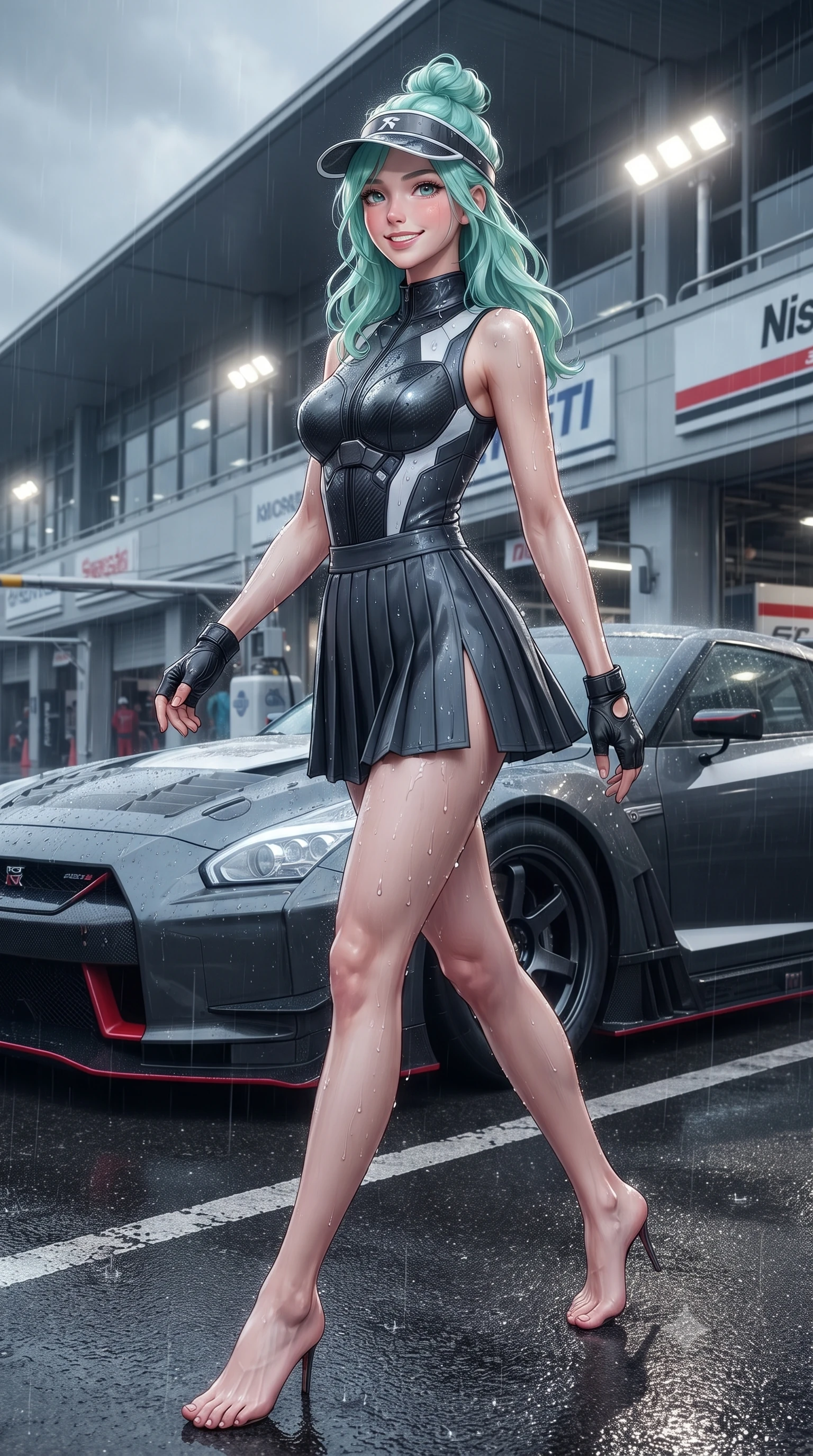 score_9, masterpiece, best quality, ultra-detailed, high-budget anime keyframe, editorial fashion photography, tasteful artistic composition, Japanese woman. low angle full-body shot from head to toe showing her feet, filling the entire 9:16 vertical frame with her statuesque presence, stretching her vertical silhouette. stepping forward gracefully across the paddock tarmac in mid-motion with a radiant beaming smile, hips swaying in an alluring kinetic rhythm that accentuates her curvy hourglass silhouette and long slender legs while twisting her slender torso in an alluring S-curve beside an idling turbocharged supercar, rain droplets glistening along her suit and hips. The surrounding environment is rendered in vivid detail and crisp panoramic clarity: detailed leather racing catsuit texture, wet reflections on skin, and Japanese motorsport architecture in razor-sharp precision. She has an absolutely perfect, statuesque 8.5-heads proportion, an exceptionally tall and slender model-like female figure with impossibly long slender legs, an ultra-slim waist, a flat toned midriff, narrow delicate ribcage, and beautifully sculpted feminine hips creating a graceful, slim hourglass silhouette without any bulky heaviness. sharp v-shaped jawline, high-bridge nose, sparkling eyes with athletic focus and depth, thick curled eyelashes, glossy parted lips with a natural coral-peach sheen, bright confident and coquettish smile with alluring bedroom-eyes, exuding both youthful sporty vigor and sovereign high-society glamour, flawlessly proportioned anatomical accuracy, strict slender model proportions, natural body alignment, perfectly sculpted long slender limbs, ultra-slim waistline, clean dynamic posture without body distortion. wearing a sleeveless high-collar racing bodysuit with carbon-fiber chestplate accents and a pleated wrap tennis skirt with side hip slit in speedway charcoal slate and optic white accents, crafted from sheer delicate stretch lace reinforced with technical sport threads, accented with a sporty retro tennis visor and fingerless leather driving gloves, the high-waisted wrap tailoring accentuating her ultra-slim waistline and the enchanting curve of her feminine hips with alluring sporty charm. bathed in moody wet-race daylight contrasting with bright pit garage halogen floodlights. ultra-reflective glossy finish, specular highlights, rich textural contrasts, high-contrast stereoscopic depth, volumetric dynamic lighting, 2k, ultra detail, master piece, 9:16 ratio