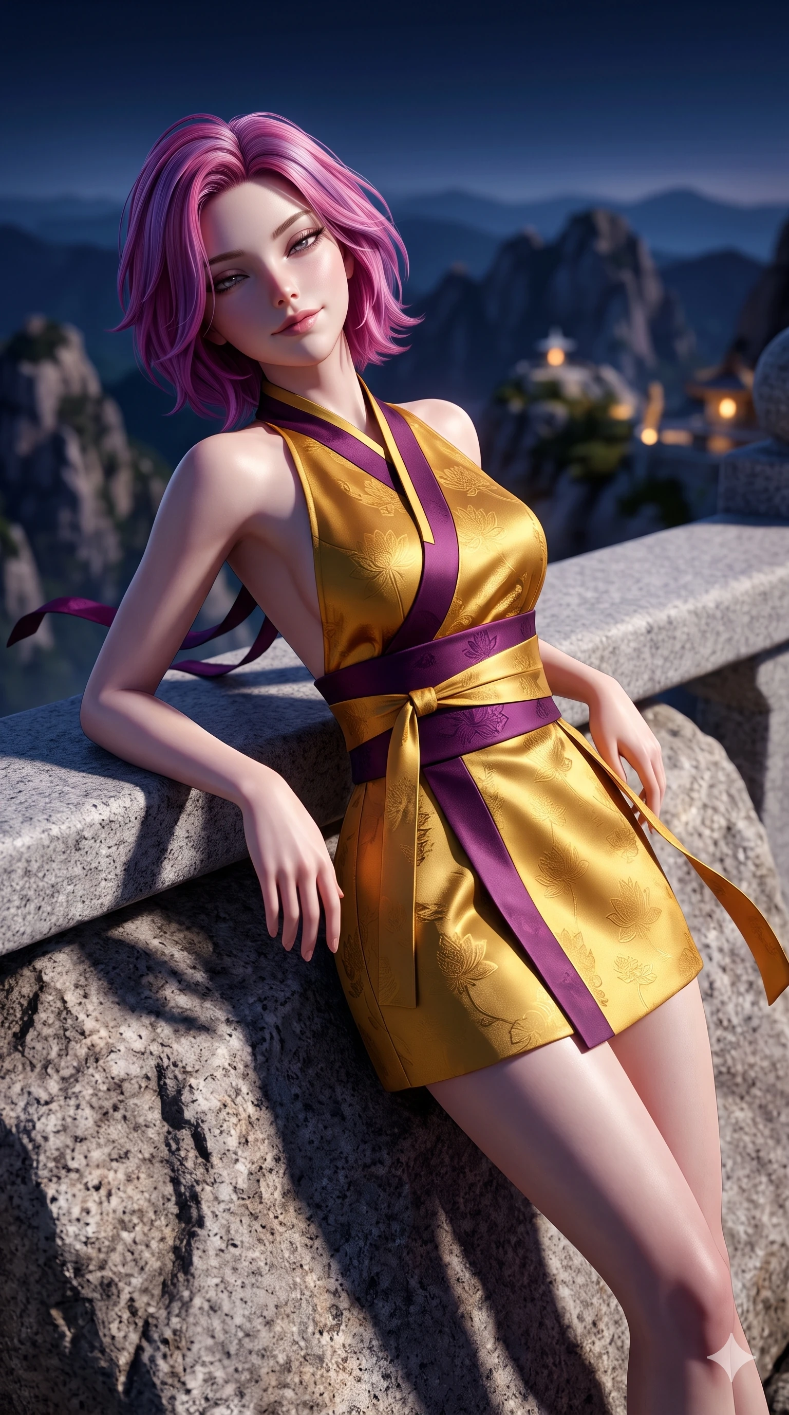 score_9, masterpiece, best quality, ultra-detailed, high-budget anime keyframe, semi-realistic 3D game render, editorial fashion photography, tasteful artistic composition, Caucasian woman. close-up cowboy shot from the waist and thighs up, the character dominates the composition, filling the frame with her large presence. leaning back against the balustrade with relaxed seductive grace, head tilted back slightly while casting a hypnotic, heavy-lidded gaze while lounging back against the smooth granite rock propped on both elbows, her flat midriff and long slender legs commanding the panoramic mountain vista. The background shows a soft-focus mountain summit sanctuary softened in high-altitude landscape shallow focus. She has an exceptionally elegant, slender, and willowy female figure with an ultra-slim waist, flat toned midriff, narrow ribcage, and sculpted feminine hips creating an alluring, slim hourglass silhouette without bulk. sharp v-shaped jawline, high-bridge nose, sparkling eyes with hypnotic seductive depth, thick curled eyelashes, glossy parted lips with a natural dewy peach sheen, alluring bedroom-eyes with an enchanting coquettish smile, exuding magnetic siren charisma and sophisticated glamour, flawlessly proportioned anatomical accuracy, strict slender model proportions, natural body alignment, perfectly sculpted long slender limbs, ultra-slim waistline, clean dynamic posture without body distortion. wearing a structured minimalist hanbok wrap coat dress with clean geometric lines and a wide formal sash in imperial gold and royal plum purple, tailored from rich silk jacquard with subtle embossed lotus blossom patterns, finished with long silk ribbon ties fluttering down her bare spine from a backless halter, the bespoke structured tailoring following the natural line of her 8.5-heads silhouette with refined elegance. bathed in crisp, unhindered 6000K mountain full-moon light casting dramatic razor-sharp shadows across the rock face. highly saturated vibrant anime colors, detailed shading with soft gradients, rich glossy textures, high-contrast stereoscopic depth, volumetric dynamic lighting, master piece, 9:16 ratio