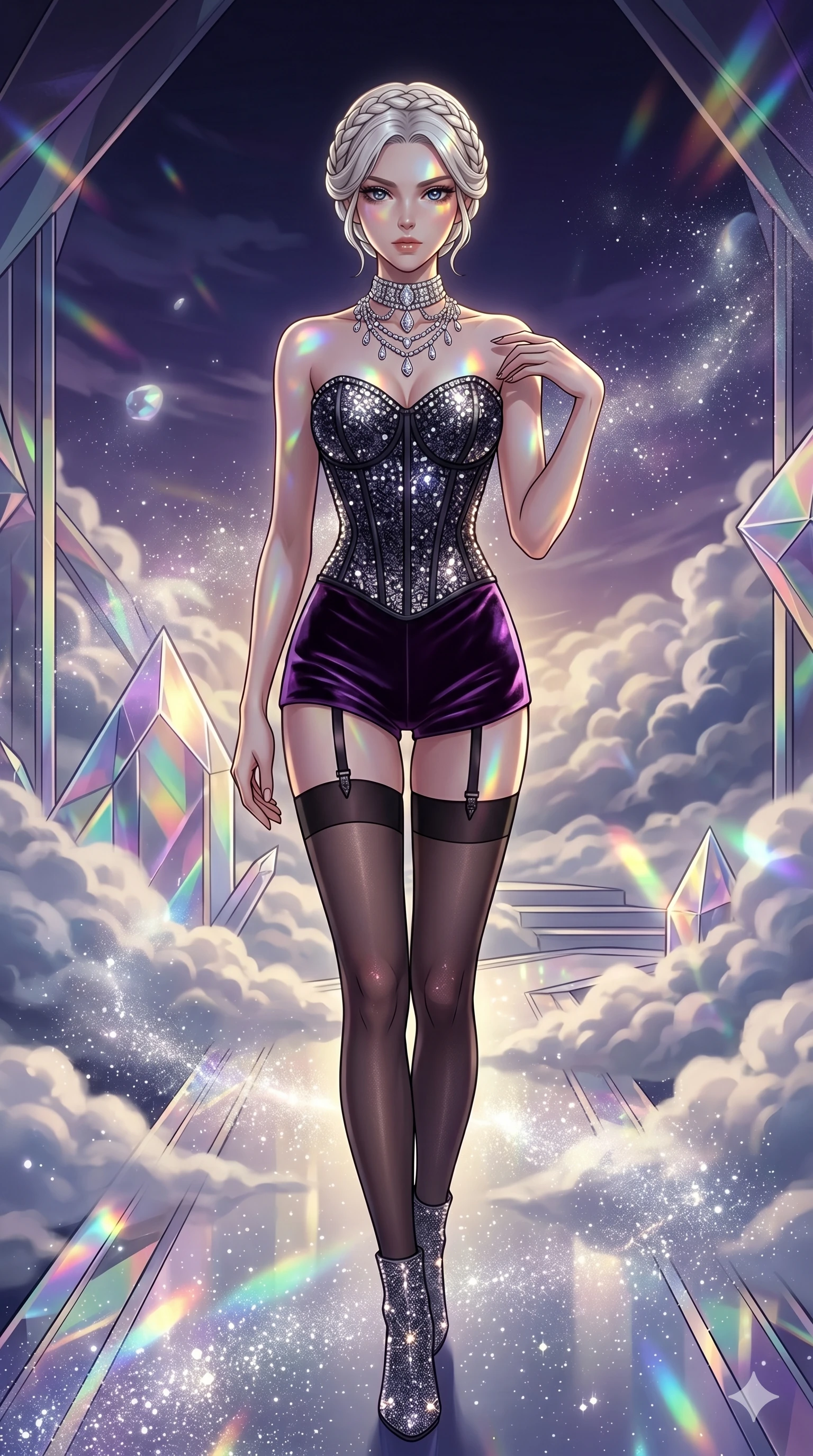 score_9, masterpiece, best quality, ultra-detailed, high-budget anime movie keyframe, cinematic anime lighting, intricate line art, Japanese woman. Low angle cowboy shot filling the entire 9:16 frame with her statuesque presence. navigating a sea of clouds in a crystal palace above the clouds in a mist of stardust. She has an absolutely perfect 8-heads proportion, an exceptionally tall and slender female figure with an ultra-slim waist and impossibly long slender legs. sharp v-shaped jawline, high-bridge nose, intricate jewel-like eyes, thick eyelashes, glossy lips. Wearing luxurious K-pop idol stage outfit featuring a sparkling sequined corset, high-cut velvet shorts, and sheer silk stockings with garter belts, accessorized with crystal chokers. The scene is illuminated by dramatic atmospheric lighting and vibrant color palettes. , 2k, ultra detail, master piece, 9:16 ratio
