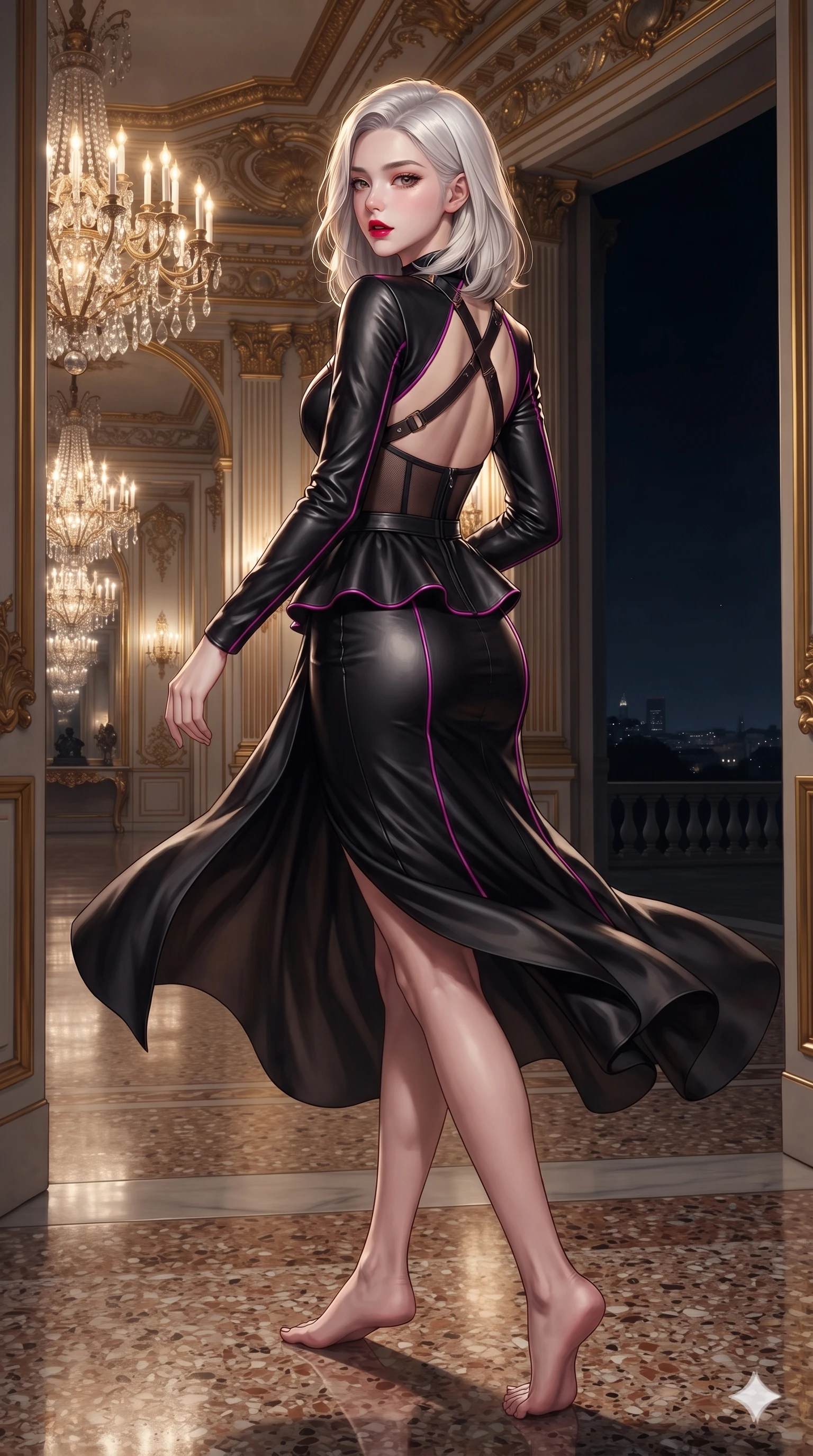 score_9, masterpiece, best quality, ultra-detailed, high-budget anime keyframe, editorial fashion photography, tasteful artistic composition, Korean woman. low angle full-body shot from head to toe showing her feet, filling the entire 9:16 vertical frame with her statuesque presence, stretching her vertical silhouette. executing a slow, graceful pivot turn as her silk wrap skirt sways around her slender legs, glancing back with an enchanting, teasing sensual expression while standing poised at the threshold between the illuminated grand ballroom and the midnight terrace, arching her spine with sovereign glamour as crystal chandeliers sparkle above. The surrounding environment is rendered in vivid detail and crisp panoramic clarity: intricate peplum corset tailoring, sheer power-mesh panels, and opulent European palace interiors in razor-sharp precision. She has an exceptionally tall and slender model-like 8.5-heads proportion, an ultra-slim waist, a flat toned midriff, narrow delicate ribcage, and beautifully sculpted feminine hips creating a graceful, slim hourglass silhouette without any bulky heaviness, with impossibly long slender legs. sharp v-shaped jawline, high-bridge nose, intricate jewel-like sparkling eyes with depth, thick eyelashes, glossy parted lips with a natural sheen, intensely captivating and seductive bedroom-eyes expression, exuding both youthful cute charm and sovereign luxury allure, flawlessly proportioned anatomical accuracy, strict slender model proportions, natural body alignment, perfectly sculpted long slender limbs, ultra-slim waistline, clean dynamic posture without body distortion. wearing a glove-like stretch lambskin leather sheath dress accentuating her ultra-slim waistline without bulk in black lacquer and vibrant magenta neon, woven from buttery-soft stretch lambskin leather adhering to her body like a second skin, featuring an open-back criss-cross harness strap in dark leather, the bespoke structured tailoring following the natural line of her 8.5-heads silhouette with refined elegance. illuminated by polished terrazzo floor bounce and sharp gold-sapphire rim lights sculpting her razor-sharp jawline, narrow waist, and curvy hips. ultra-reflective glossy finish, specular highlights, rich textural contrasts, high-contrast stereoscopic depth, volumetric dynamic lighting, 2k, ultra detail, master piece, 9:16 ratio