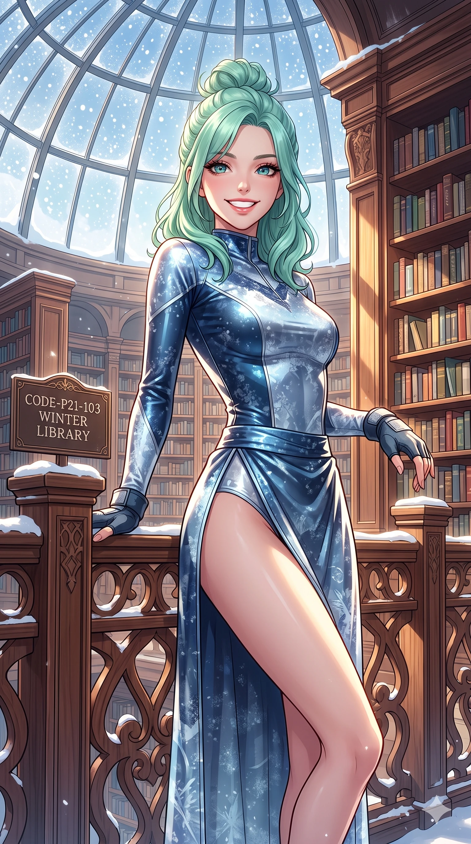 score_9, masterpiece, best quality, ultra-detailed, high-budget anime keyframe, vibrant anime aesthetic, Japanese woman. cowboy shot from the thighs up, character and outfit filling the frame for maximum presence. She is leaning on a chalet rail, looking at the viewer with a bright, joyful winter smile inside an elegant glass dome library in the winter morning (Code-P21-103). She has an absolutely perfect 8-heads proportion, an exceptionally tall and slender female figure with impossibly long slender legs and an ultra-slim waist. V-shaped jawline, high-bridge nose, intricate jewel-like eyes with depth, thick eyelashes, glossy lips with a natural sheen. wearing a bodycon leotard with high-slit wrap skirt in snow. She is drenched in bright afternoon winter sun, highlighting the glossy textures of her outfit. 2k, ultra detail, master piece, 9:16 ratio