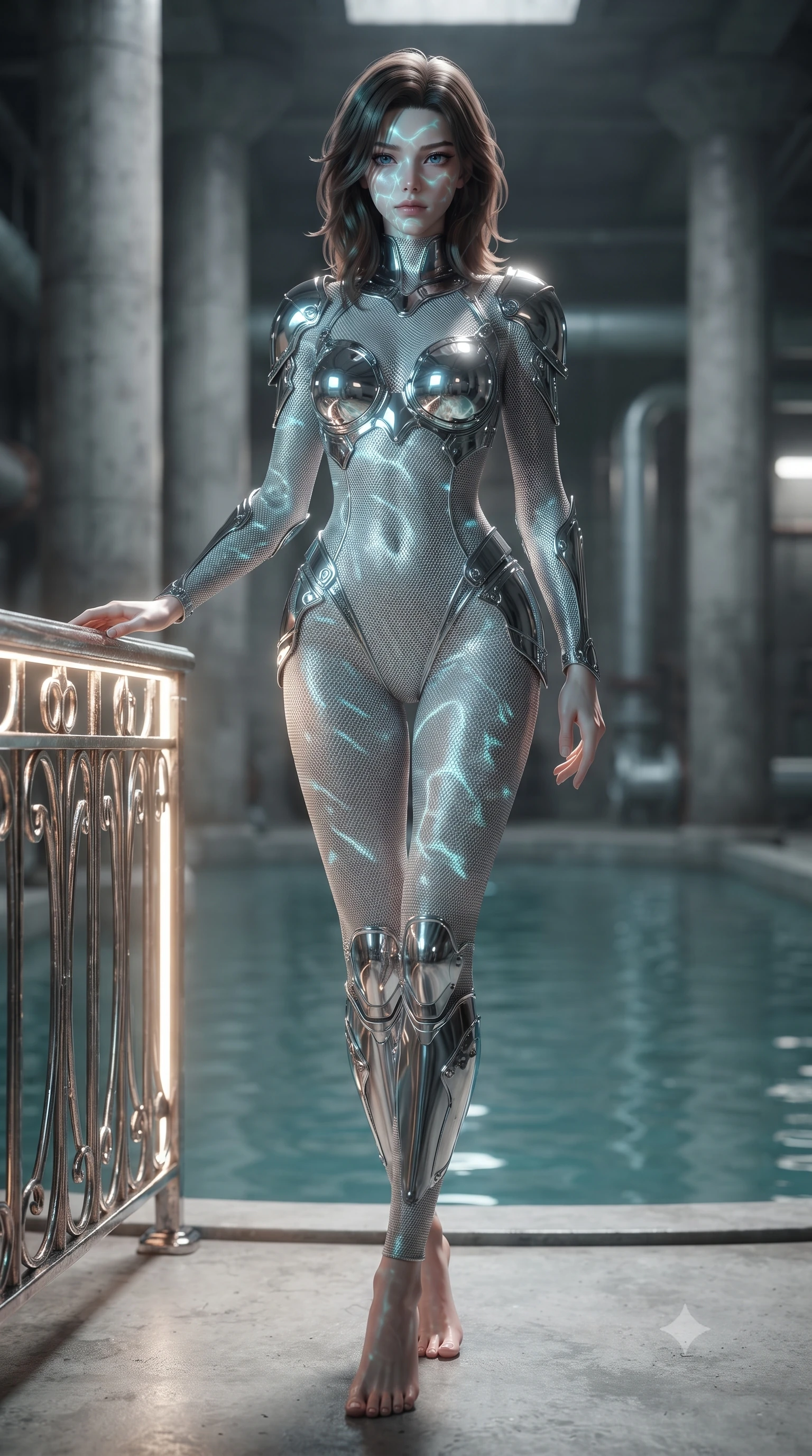 score_9, masterpiece, best quality, ultra-detailed, high-budget anime keyframe, editorial fashion photography, tasteful artistic composition, Korean woman. low angle full-body shot from head to toe showing her feet, filling the entire 9:16 vertical frame with her statuesque presence, stretching her vertical silhouette. standing in a tall, confident posture with one hand on a glowing metal railing, stretching her statuesque body, the background shows a soft-focus a water pump room with concrete pillars and a large open cooling pool. She has an absolutely perfect, statuesque 8.5-heads proportion, an exceptionally tall and slender model-like female figure with impossibly long slender legs and an ultra-slim waist. sharp v-shaped jawline, high-bridge nose, intricate jewel-like eyes with depth, thick eyelashes, glossy lips with a natural sheen. wearing a form-contouring delicate silver nano-mesh bodysuit with strategically placed chrome armor plate guards covering key curves. shifting aqua light reflections from the pool water mapping across her features. ultra-reflective glossy finish, specular highlights, metallic sheen, high-contrast stereoscopic depth, volumetric dynamic lighting, 2k, ultra detail, master piece, 9:16 ratio