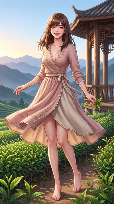 score_9, masterpiece, best quality, ultra-detailed, high-budget anime keyframe, semi-realistic 3D game render, editorial fashion photography, tasteful artistic composition, Korean woman. low angle full-body shot from head to toe showing her feet, fil