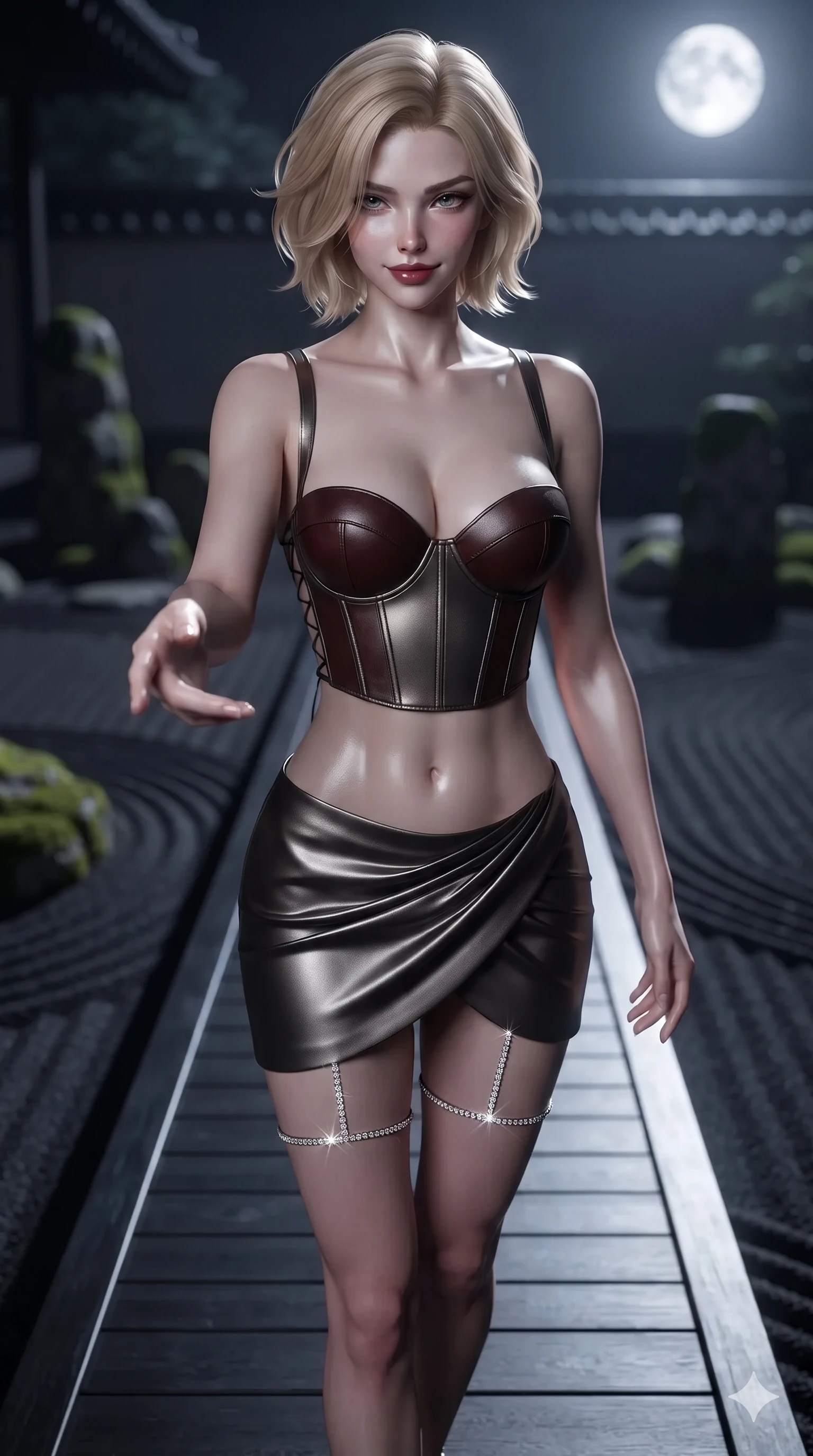 score_9, masterpiece, best quality, ultra-detailed, high-budget anime keyframe, editorial fashion photography, tasteful artistic composition, Caucasian woman. close-up cowboy shot from the waist and thighs up, the character dominates the composition, filling the frame with her large presence. reaching one hand toward the viewer with relaxed dark elegance, her sculpted waistline catching specular highlights while walking slowly along the raised black timber walkway with hypnotic grace, hips swaying in an alluring sensual rhythm. The background shows a soft-focus monastic zen dry garden at midnight softened in contemplative shallow focus. She has an exceptionally elegant, slender, and willowy female figure with an ultra-slim waist, flat toned midriff, narrow ribcage, and sculpted feminine hips creating an alluring, slim hourglass silhouette without bulk. sharp v-shaped jawline, high-bridge nose, intricate jewel-like dark sparkling eyes with hypnotic seductive depth, thick curled eyelashes, glossy parted lips with a natural wine sheen, alluring bedroom-eyes with an enigmatic smoldering smile, exuding magnetic sovereign charisma and dark avant-garde glamour, flawlessly proportioned anatomical accuracy, strict slender model proportions, natural body alignment, perfectly sculpted long slender limbs, ultra-slim waistline, clean dynamic posture without body distortion. wearing a structured underwire leather bustier top paired with an ultra-short draped wrap mini skirt in dark mahogany and brushed gunmetal, featuring fine criss-cross satin back lacing tracing her slender spine, finished with delicate crystal-encrusted thigh garter straps glinting in the laser glare, the precision-cut side openings and low-back scoop framing her graceful spine and the sensual sweep of her slim, toned hips. bathed in the blinding, crisp 5500K silver light of the full moon casting razor-sharp shadows across the black sand. ultra-reflective glossy finish, specular highlights, metallic sheen, high-contrast stereoscopic depth, volumetric dynamic lighting, 2k, ultra detail, master piece, 9:16 ratio