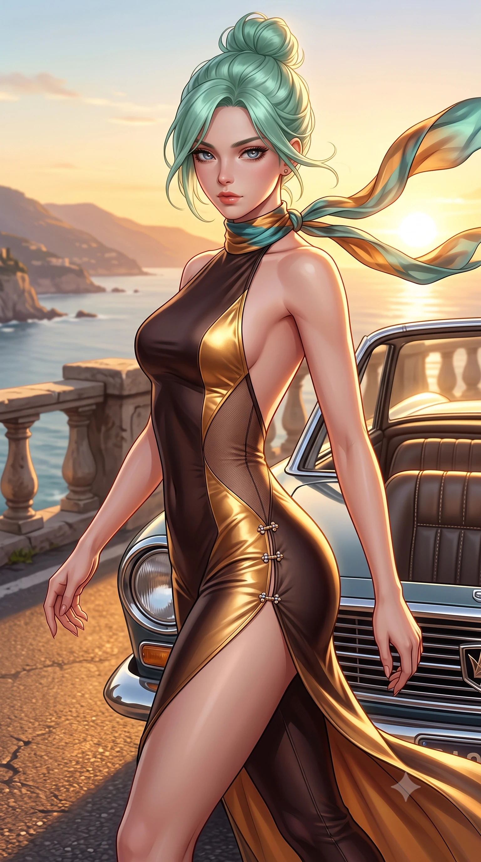 score_9, masterpiece, best quality, ultra-detailed, high-budget anime keyframe, semi-realistic 3D game render, editorial fashion photography, tasteful artistic composition, Japanese woman. close-up cowboy shot from the waist and thighs up, the character dominates the composition, filling the frame with her large presence. leaning back with relaxed seductive grace, her sculpted collarbones and narrow waist highlighted as she casts smoldering bedroom-eyes directly into the camera while striding gracefully along the coastal corniche as sea winds flutter her open silk scarf, hips swaying in an alluring supermodel rhythm. The surrounding environment is rendered in vivid detail and crisp panoramic clarity. sharp vintage car chrome accents, stitched leather seat seams, and weathered stone railing in deep focus. She has an exceptionally elegant, slender, and willowy female figure with an ultra-slim waist, flat toned midriff, narrow ribcage, and sculpted feminine hips creating an alluring, slim hourglass silhouette without bulk. sharp v-shaped jawline, high-bridge nose, intricate jewel-like eyes with depth, thick eyelashes, glossy parted lips with a natural sheen, intensely captivating and seductive bedroom-eyes expression, flawlessly proportioned anatomical accuracy, strict slender model proportions, natural body alignment, perfectly sculpted long slender limbs, ultra-slim waistline, clean dynamic posture without body distortion. wearing a second-skin compression catsuit with an open back and sheer mesh side waist contouring in dark espresso brown and molten gold foil, tailored from ultra-smooth duchess satin with a pearlescent sheen, finished with an ultra-high side slit secured by miniature jeweled clasps, the liquid-tight tailored fabric clinging flawlessly to her narrow waist and rounded feminine hips, emphasizing every millimeter of her sculpted slim hourglass curves without any bulky heaviness. bathed in glorious golden hour Mediterranean sunset backlighting and warm amber road fill. highly saturated vibrant anime colors, detailed shading with soft gradients, rich glossy textures, high-contrast stereoscopic depth, volumetric dynamic lighting, master piece, 9:16 ratio
