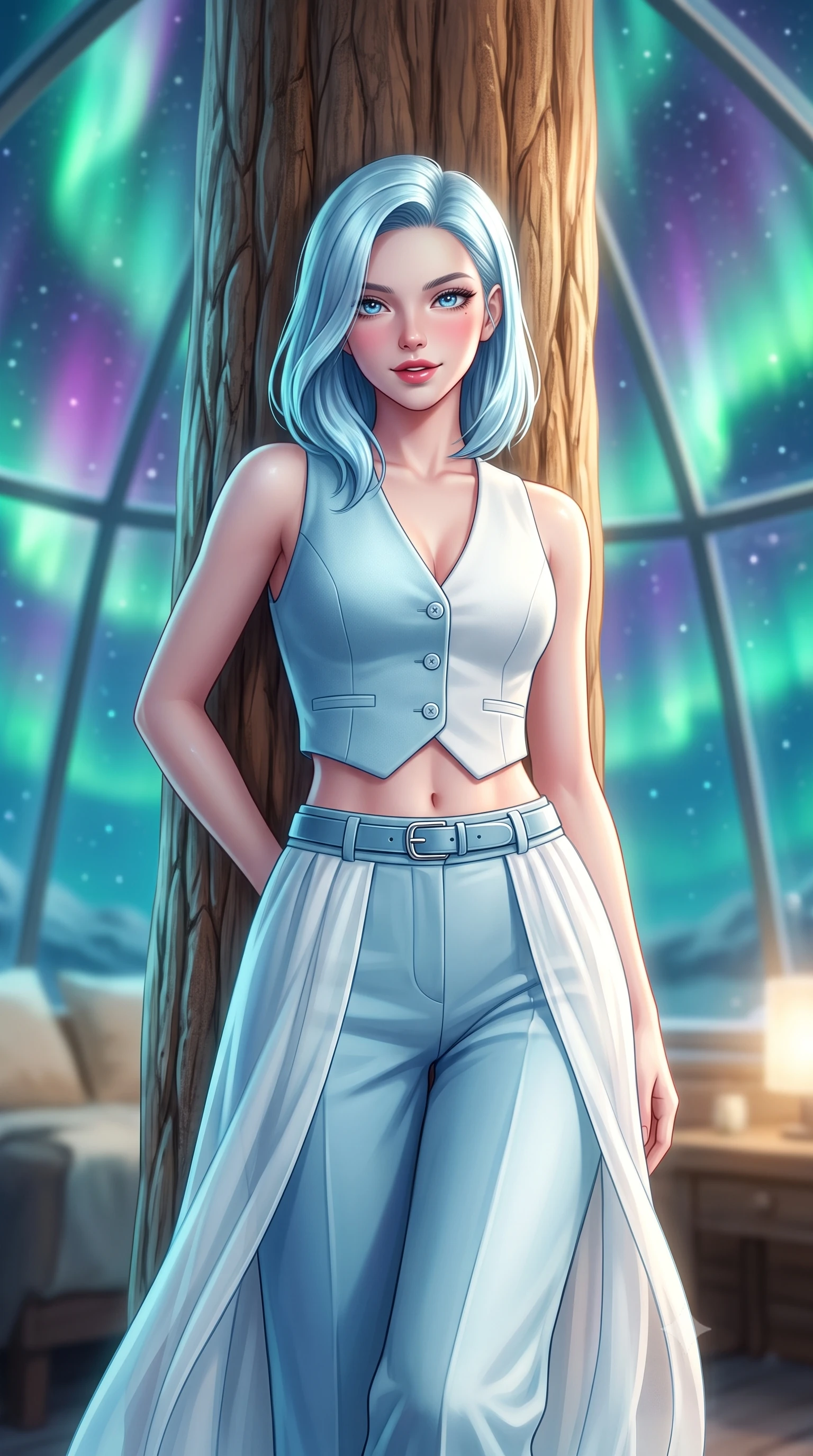 score_9, masterpiece, best quality, ultra-detailed, high-budget anime keyframe, semi-realistic 3D game render, editorial fashion photography, tasteful artistic composition, Korean woman. close-up cowboy shot from the waist and thighs up, the character dominates the composition, filling the frame with her large presence. leaning back against the cedar log pillar with relaxed seductive grace, her flat midriff and narrow waist highlighted as winter sunlight traces her curves while standing poised in the center of the illuminated glass dome with hips cocked back, casting an ethereal, magnetic bedroom-gaze toward the viewer. The composition keeps background elements in soft focus with dreamy creamy bokeh. curving bands of emerald green and magenta aurora borealis across the starry Arctic sky blurred into radiant jade, violet, and starlight bokeh. She has an exceptionally elegant, slender, and willowy female figure with an ultra-slim waist, flat toned midriff, narrow ribcage, and sculpted feminine hips creating an alluring, slim hourglass silhouette without bulk. sharp v-shaped jawline, high-bridge nose, sparkling ice-crystal eyes with depth, frosty thick lashes, glossy parted lips with a rosy berry sheen, bright playful smile with an intoxicating seductive glint, rosy flushed cheeks radiating cozy warmth and dangerous allure, flawlessly proportioned anatomical accuracy, strict slender model proportions, natural body alignment, perfectly sculpted long slender limbs, ultra-slim waistline, clean dynamic posture without body distortion. wearing a tailored cashmere vest worn closed against bare skin with high-waisted wide-leg wool trousers in glacial ice-blue and crisp alpine white, woven from layered gossamer chiffon with ethereal weightless flutter, accented with a sleek leather belt with polished silver buckle cinching her narrow waist, the glove-like silhouette tightly following the natural contour of her hips and long slender legs with youthful 8.5-heads elegance. bathed in mystical bioluminescent-like emerald and violet aurora light cascading from above. highly saturated vibrant anime colors, detailed shading with soft gradients, rich glossy textures, high-contrast stereoscopic depth, volumetric dynamic lighting, master piece, 9:16 ratio