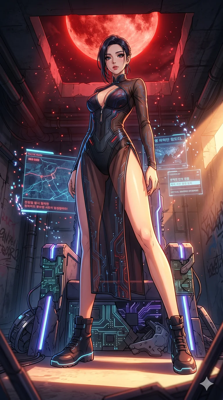 score_9, masterpiece, best quality, ultra-detailed, High-budget Anime Keyframe, vibrant colors, fluid line-art, expressive lighting, cinematic composition, Ufotable-style visual effects, top-tier animation quality, Korean woman with idol-like refined features. Wide-angle low shot emphasizing her impossibly long slender legs and commanding stature. Standing victorious on a grand throne made of calcified logic-boards and discarded cybernetics under the ominous glow of a massive blood moon. She has an absolutely perfect 8-heads proportion, an exceptionally tall and slender female figure with impossibly long slender legs and an ultra-slim waist, her statuesque height and towering silhouette dominating the vertical 9:16 frame. Her face is a masterpiece featuring a sharp v-shaped jawline, high-bridge nose, intricate jewel-like eyes with depth, thick eyelashes, and glossy lips with a natural sheen. She is wearing a Cyberpunk neon-lit qipao with a dangerous high slit and intricate digital embroidery crafted from Sheer silk that is almost transparent, flowing like water around her statuesque frame, unzipped deeply to reveal a daring glimpse of her chest and a high-cut leg line. The scene is set in an underground rebel bunker with flickering holographic screens and tactical maps, illuminated by golden hour sunlight that gives her skin a warm, radiant glow. 2k, ultra detail, master piece, 9:16 ratio