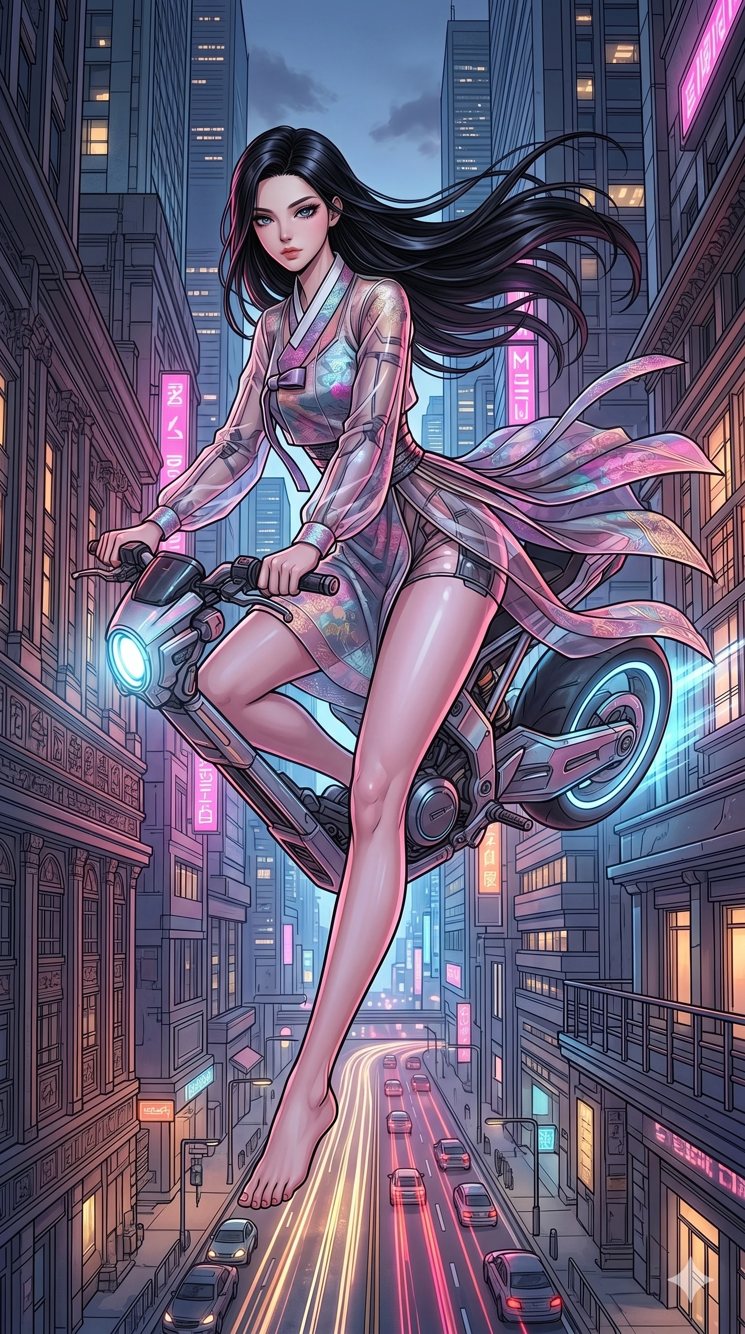 score_9, masterpiece, best quality, ultra-detailed, high-budget anime movie keyframe, cinematic anime lighting, intricate line art, Japanese woman. Mid-air action shot capturing a graceful twist and vertical silhouette. piloting a hover-bike through a narrow canyon of skyscrapers. She has an absolutely perfect 8-heads proportion, an exceptionally tall and slender female figure with an ultra-slim waist and impossibly long slender legs. strictly human anatomy, two legs only, no extra limbs, clearly defined legs and arms, perfect anatomy, perfect hands and fingers. sharp v-shaped jawline, high-bridge nose, intricate jewel-like eyes, thick eyelashes, glossy lips. Wearing Modern Traditional: Shortened cyber-hanbok with fusion silk robes and transparent panels. The scene is illuminated by dramatic atmospheric lighting and vibrant color palettes. , 2k, ultra detail, master piece, 9:16 ratio