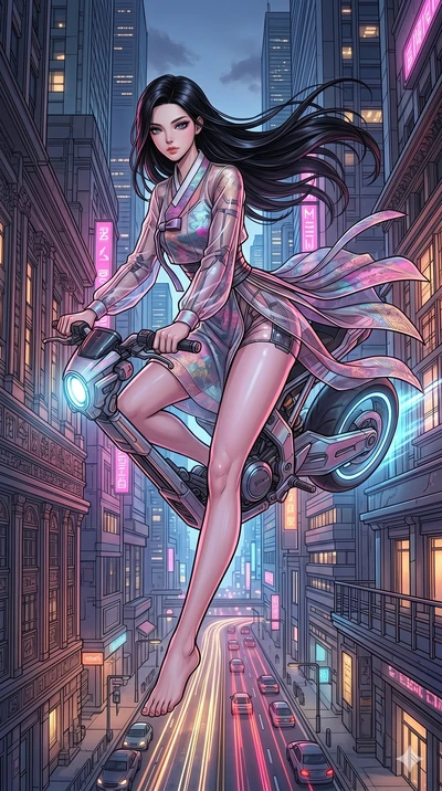 score_9, masterpiece, best quality, ultra-detailed, high-budget anime movie keyframe, cinematic anime lighting, intricate line art, Japanese woman. Mid-air action shot capturing a graceful twist and vertical silhouette. piloting a hover-bike through 