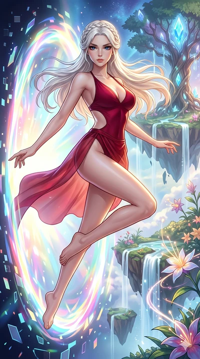score_9, masterpiece, best quality, ultra-detailed, High-budget Anime Keyframe, beautiful Korean anime girl. Low angle cowboy shot filling the entire 9:16 frame with her statuesque presence. Leaping through a portal of swirling prismatic light into a