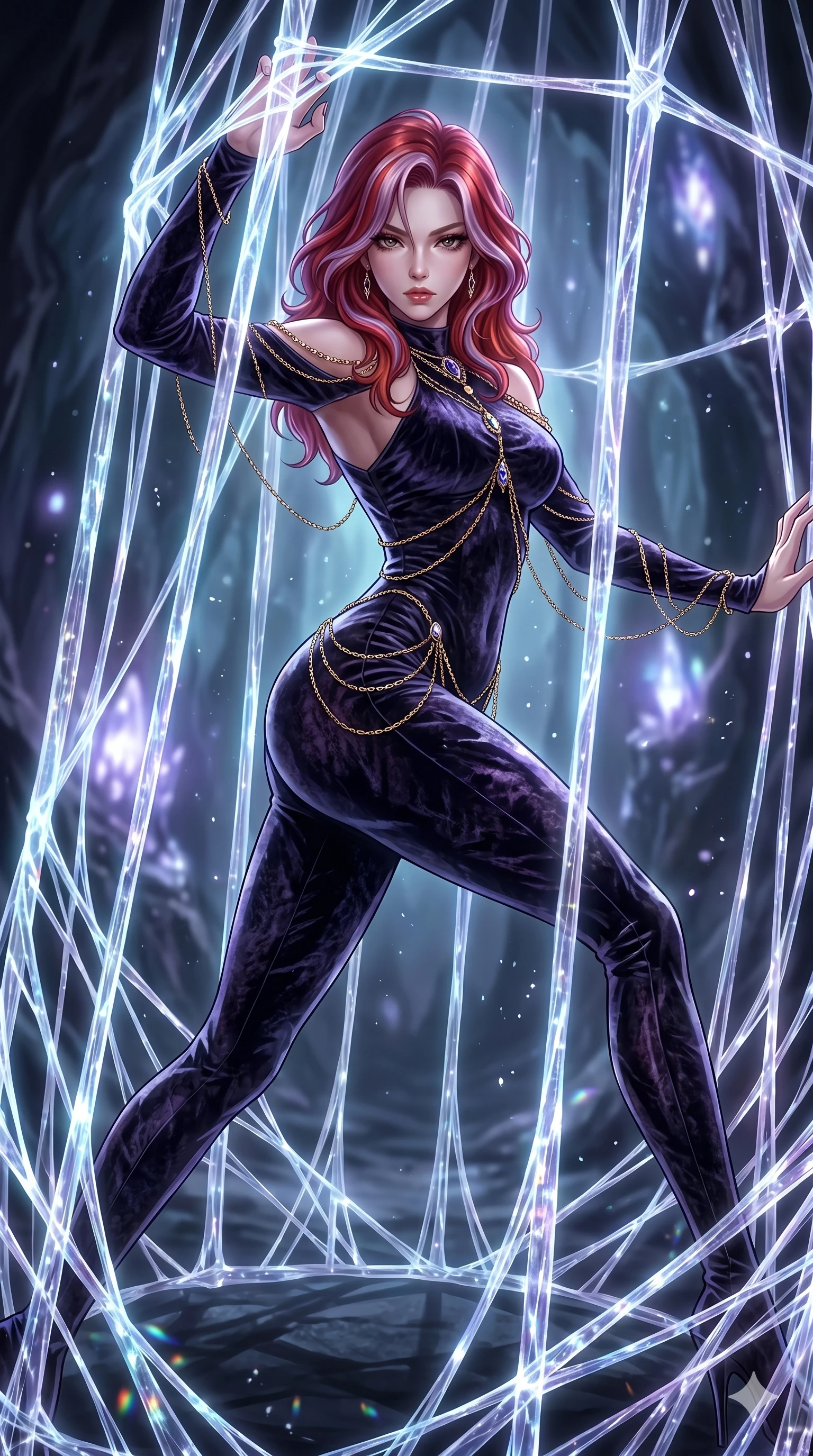 score_9, masterpiece, best quality, ultra-detailed, High-budget Anime Keyframe, East Asian woman. Dynamic full-body shot stretching the vertical silhouette to the limit. Scenario 52: Trapped in a cage of glowing crystalline fibers, body pressing against the bars. Her presence is magnetic and overpowering in this high-budget anime scene. Outfit 52: A crushed dark velvet second with a low-cut shoulder and fine gold chains. The clothing is designed to emphasize her exceptionally tall and slender 8-heads proportion. 8-heads proportion, towering silhouette, ultra-slim waist. sharp v-shaped jawline, intricate jewel-like eyes with depth, thick eyelashes, glossy lips. 2k, ultra detail, master piece, 9:16 ratio