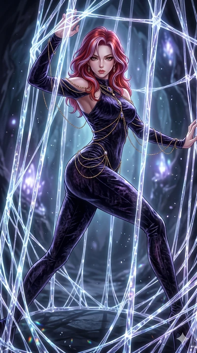 score_9, masterpiece, best quality, ultra-detailed, High-budget Anime Keyframe, East Asian woman. Dynamic full-body shot stretching the vertical silhouette to the limit. Scenario 52: Trapped in a cage of glowing crystalline fibers, body pressing agai