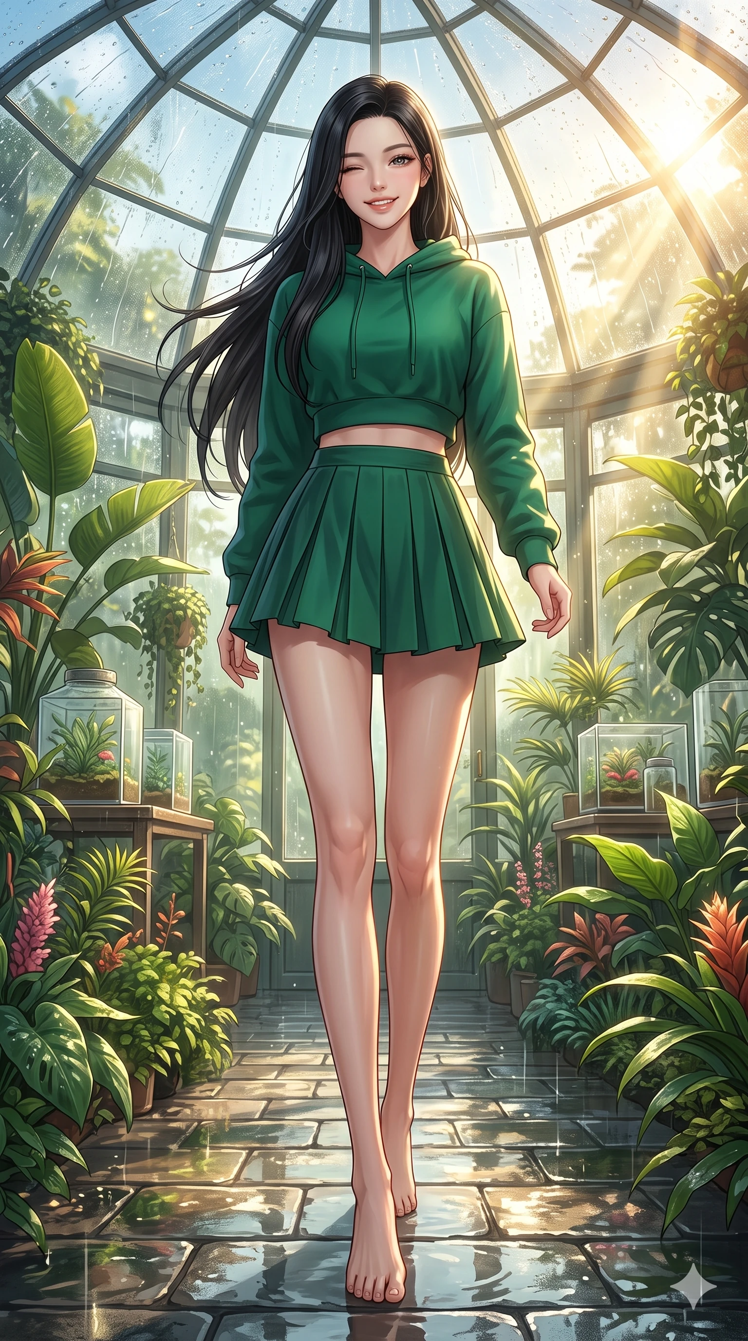 score_9, masterpiece, best quality, ultra-detailed, high-budget anime keyframe, vibrant anime aesthetic, Korean woman. low angle full-body shot from head to toe showing her feet, filling the entire 9:16 vertical frame with her statuesque presence, stretching her vertical silhouette. She is walking down a rain-slicked path, winking and smiling cheerfully, gazing at the camera with sparkling eyes under the glass conservatory dome. inside a sunny greenhouse laboratory filled with rare botanical specimens and golden volumetric sunbeams (Code-P22-056). She has an absolutely perfect 8-heads proportion, an exceptionally tall and slender female figure with impossibly long slender legs and an ultra-slim waist. V-shaped jawline, high-bridge nose, intricate jewel-like eyes with depth, thick eyelashes, glossy lips with a natural sheen. wearing a cropped hoodie paired with a high-waisted pleated tennis skirt in emerald green. She is drenched in brilliant morning sunshine reflecting off wet glass domes, highlighting her winking face and glossy lips in the cozy indoor garden. 2k, ultra detail, master piece, 9:16 ratio