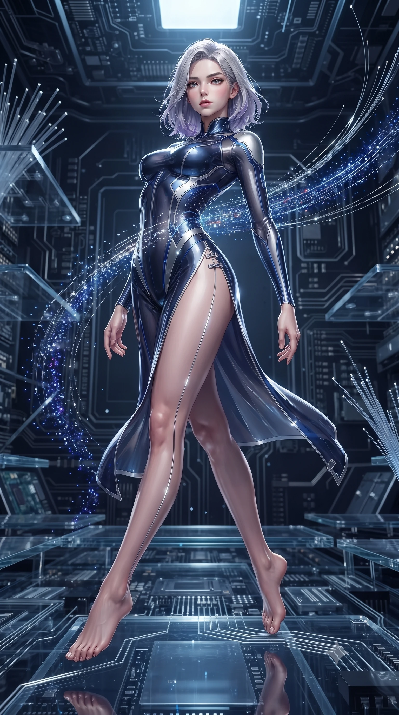 score_9, masterpiece, best quality, ultra-detailed, high-budget anime keyframe, editorial fashion photography, tasteful artistic composition, Caucasian woman. low angle full-body shot from head to toe showing her feet, filling the entire 9:16 vertical frame with her statuesque presence, stretching her vertical silhouette. performing an alluring mid-air vault with flawless poise, looking directly into the camera with regal, divine intensity while arching her back gracefully in zero-gravity as streams of illuminated data particles trace her sculpted flat midriff and torso. The surrounding environment is rendered in vivid detail and crisp panoramic clarity. intricate quantum processor circuit lines, sharp fiber-optic strand filaments, and glass platform reflections in deep focus. She has an absolutely perfect, statuesque 8.5-heads proportion, an exceptionally tall and slender model-like female figure with impossibly long slender legs, a toned flat midriff, and an ultra-slim waist. sharp v-shaped jawline, high-bridge nose, intricate jewel-like eyes with depth, thick eyelashes, glossy lips with a natural sheen, flawlessly proportioned anatomical accuracy, strict slender model proportions, natural body alignment, perfectly sculpted long slender limbs, ultra-slim waistline, clean dynamic posture without body distortion. wearing a statuesque midnight cobalt and polished platinum bodysuit featuring sleek aerodynamic contour lines and glowing circuit accents in liquid platinum silver and deep sapphire blue LED filaments, tailored from semi-translucent cybernetic vinyl with glowing micro-filaments, finished with an ultra-high side slit secured by miniature magnetic clasps, the liquid-tight tailored fabric emphasizing every curve of her tall, slender model proportions and sculptured silhouette during dynamic movement. illuminated by sharp specular highlights tracing her ultra-slim waist, long legs, and sculpted collarbones. ultra-reflective glossy finish, specular highlights, dark metallic sheen, high-contrast stereoscopic depth, volumetric dynamic lighting, 2k, ultra detail, master piece, 9:16 ratio
