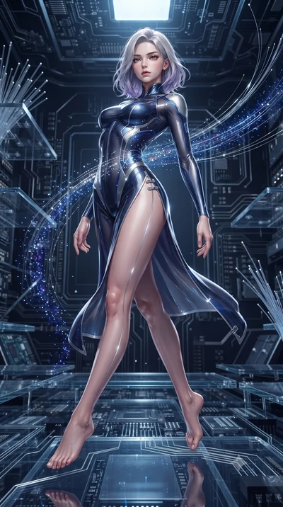 score_9, masterpiece, best quality, ultra-detailed, high-budget anime keyframe, editorial fashion photography, tasteful artistic composition, Caucasian woman. low angle full-body shot from head to toe showing her feet, filling the entire 9:16 vertica