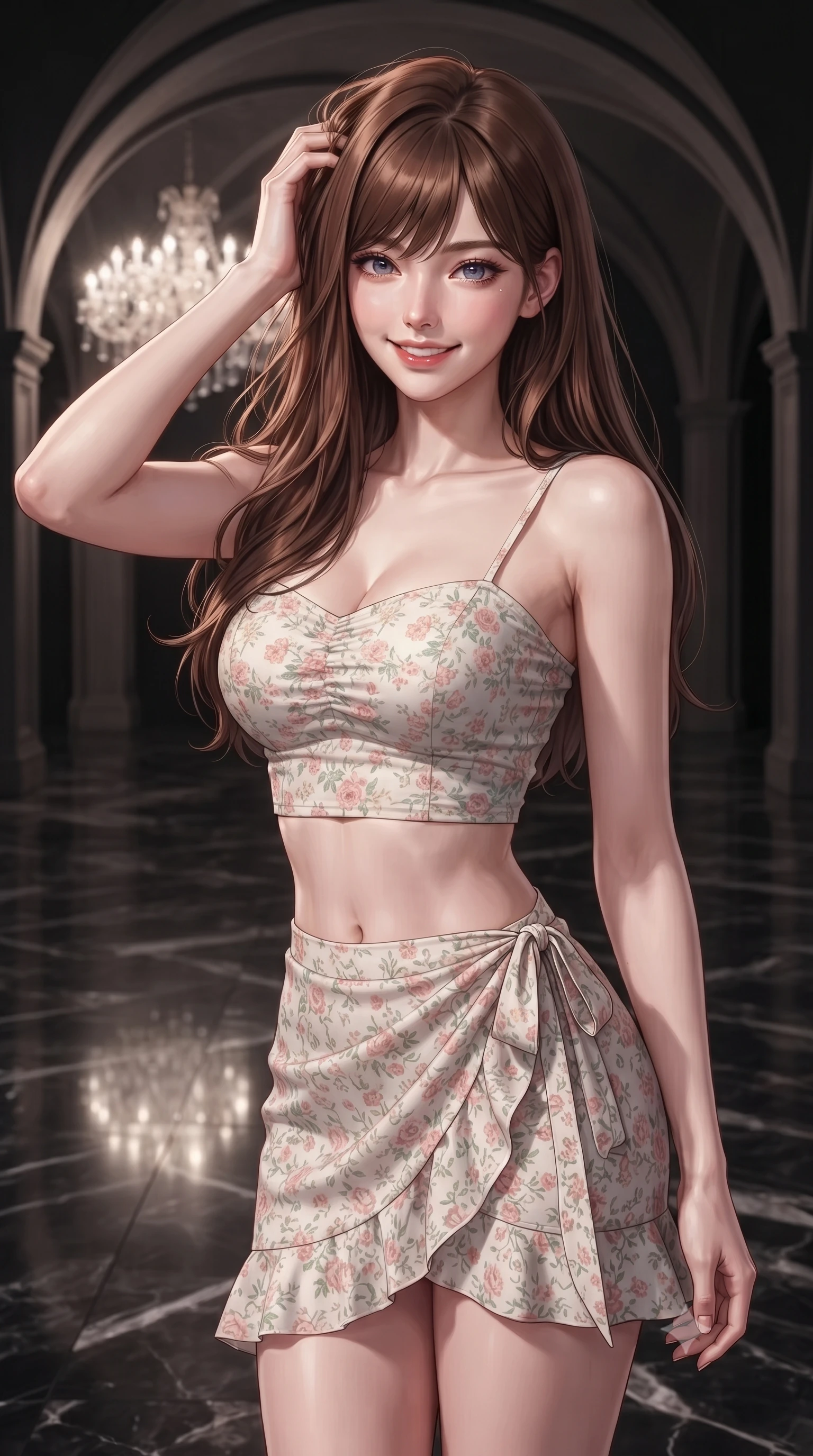 score_9, masterpiece, best quality, ultra-detailed, high-budget anime keyframe, editorial fashion photography, tasteful artistic composition, Korean woman. close-up cowboy shot from the waist and thighs up, the character dominates the composition, filling the frame with her large presence, background elements kept in soft focus. smiling with quiet, magnetic self-assurance directly into the camera, running a hand through her hair the background shows a soft-focus a dark romantic ballroom with high arched ceilings and a polished dark marble floor. She has an exceptionally elegant, slender, and willowy female figure with an ultra-slim waist, a gracefully sculpted slender torso, and a refined silhouette. sharp v-shaped jawline, high-bridge nose, intricate jewel-like eyes with depth, thick eyelashes, glossy lips with a natural sheen. wearing a slim-fit summer vacation crop top and wrap skirt set in floral print cotton, showing her slim waist. crystal chandelier glow casting elegant reflections across the floor. ultra-reflective glossy finish, specular highlights, metallic sheen, high-contrast stereoscopic depth, volumetric dynamic lighting, 2k, ultra detail, master piece, 9:16 ratio