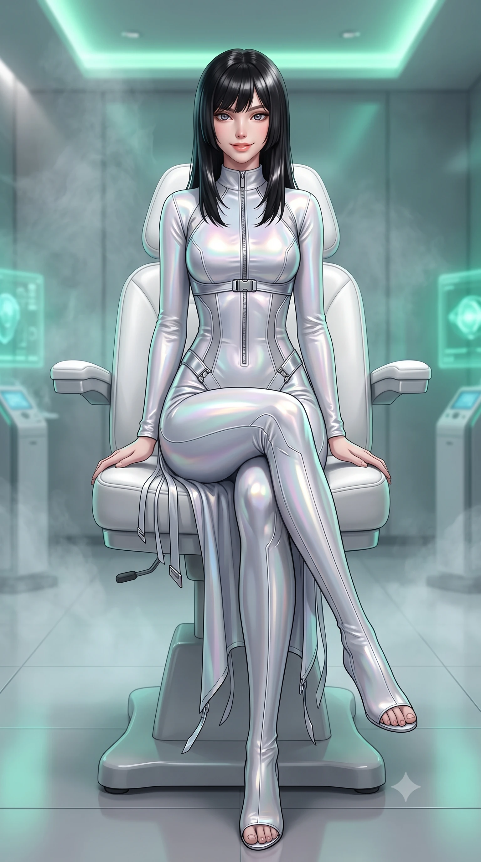 score_9, masterpiece, best quality, ultra-detailed, high-budget anime keyframe, semi-realistic 3D game render, editorial fashion photography, tasteful artistic composition, Caucasian woman. low angle full-body shot from head to toe showing her feet, filling the entire 9:16 vertical frame with her statuesque presence, stretching her vertical silhouette. executing a slow, graceful pivot turn as her skirt sways around her slender legs, glancing back with an enchanting, teasing sensual expression while sitting gracefully on the sculpted white leather treatment chair with legs crossed, flashing a radiant, playful smile with parted glossy lips. The background shows a soft-focus sterile clinical micro-vapor softened in luxury cyber-clinic penthouse shallow focus. She has an exceptionally tall and slender model-like 8.5-heads proportion, an ultra-slim waist, a flat toned midriff, narrow delicate ribcage, and beautifully sculpted feminine hips creating a graceful, slim hourglass silhouette without any bulky heaviness, with impossibly long slender legs. sharp v-shaped jawline, high-bridge nose, intricate jewel-like sparkling eyes with depth, thick eyelashes, glossy parted lips with a natural peach sheen, bright cheerful beaming smile with an enchanting and coquettish sensual glint, exuding both youthful cute charm and seductive allure, flawlessly proportioned anatomical accuracy, strict slender model proportions, natural body alignment, perfectly sculpted long slender limbs, ultra-slim waistline, clean dynamic posture without body distortion. wearing a sculpted tactical lambskin leather catsuit with seamless paneling and silver zipper hardware accentuating her flat midriff and curvy hips in iridescent mother-of-pearl and liquid molten silver, made of fluid liquid jersey with seamless sculpting hold and smooth contours, finished with sleek magnetic buckle closures fluttering in the breeze, the bespoke structured tailoring following the natural line of her 8.5-heads silhouette with refined elegance. bathed in pristine 6000K clinical white light combined with soft emerald holographic ambient glow. highly saturated vibrant anime colors, detailed shading with soft gradients, rich glossy textures, high-contrast stereoscopic depth, volumetric dynamic lighting, master piece, 9:16 ratio