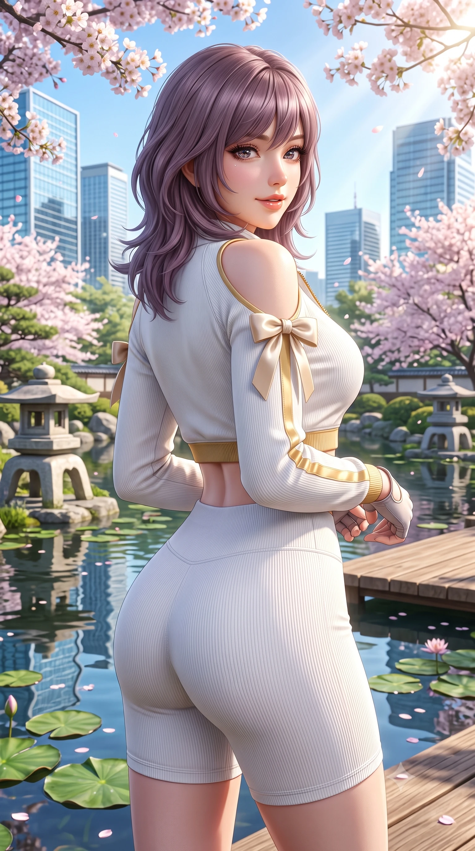 score_9, masterpiece, best quality, ultra-detailed, high-budget anime keyframe, semi-realistic 3D game render, editorial fashion photography, tasteful artistic composition, Japanese woman. close-up cowboy shot from the waist and thighs up, the character dominates the composition, filling the frame with her large presence. posing in an alluring rear three-quarter angle, turning over a bare shoulder with an intoxicating cute smile, her hips cocked back to highlight her slim hourglass curve while twisting her slender torso in an alluring S-curve as modern glass skyscrapers reflect in the serene traditional pond waters below. The surrounding environment is rendered in vivid detail and crisp panoramic clarity. sharp stone lantern textures, wooden footbridge plank grain, and lotus leaf water caustics in deep focus. She has an exceptionally elegant, slender, and willowy female figure with an ultra-slim waist, flat toned midriff, narrow ribcage, and sculpted feminine hips creating an alluring, slim hourglass silhouette without bulk. sharp v-shaped jawline, high-bridge nose, intricate jewel-like sparkling eyes with depth, thick eyelashes, glossy parted lips with a natural peach sheen, bright cheerful beaming smile with an enchanting and coquettish sensual glint, exuding both youthful cute charm and seductive allure, flawlessly proportioned anatomical accuracy, strict slender model proportions, natural body alignment, perfectly sculpted long slender limbs, ultra-slim waistline, clean dynamic posture without body distortion. wearing a sporty chic zip-up crop jacket paired with high-waisted biker shorts clinging to her athletic hips in pure alabaster white and sun-kissed gold, formed from supple second-skin stretch ribbed knit clinging to her form, finished with cute satin bow ribbons tying at the shoulders, the glove-like silhouette tightly following the natural contour of her hips and long slender legs with youthful 8.5-heads elegance. bathed in bright morning spring sunlight scattering through blooming flower canopies. highly saturated vibrant anime colors, detailed shading with soft gradients, rich glossy textures, high-contrast stereoscopic depth, volumetric dynamic lighting, master piece, 9:16 ratio