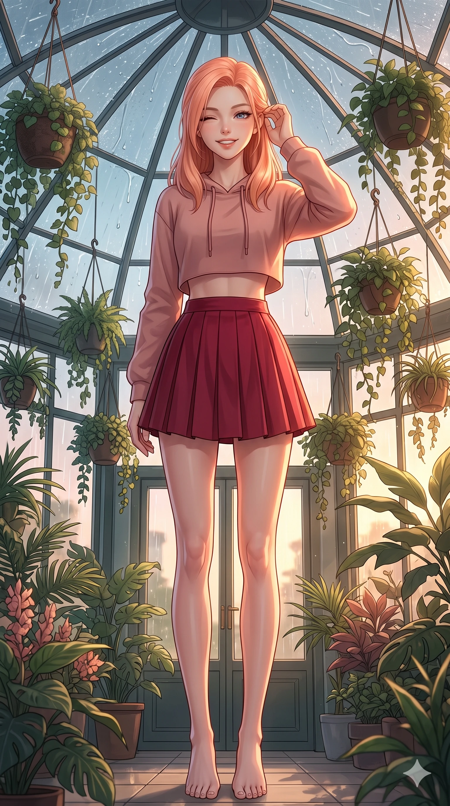 score_9, masterpiece, best quality, ultra-detailed, high-budget anime keyframe, vibrant anime aesthetic, Japanese woman. low angle full-body shot from head to toe showing her feet, filling the entire 9:16 vertical frame with her statuesque presence, stretching her vertical silhouette. She is smiling delightfully while tucking a lock of hair behind her ear, gazing at the camera with sparkling eyes under the glass conservatory dome. inside a spacious greenhouse cafe filled with hanging plants, where rain drums softly on the glass roof panels (Code-P22-046). She has an absolutely perfect 8-heads proportion, an exceptionally tall and slender female figure with impossibly long slender legs and an ultra-slim waist. V-shaped jawline, high-bridge nose, intricate jewel-like eyes with depth, thick eyelashes, glossy lips with a natural sheen. wearing a cropped hoodie paired with a high-waisted pleated tennis skirt in deep crimson. She is bathed in soft, glowing golden hour sun casting long, elegant shadows, highlighting her winking face and glossy lips in the cozy indoor garden. 2k, ultra detail, master piece, 9:16 ratio
