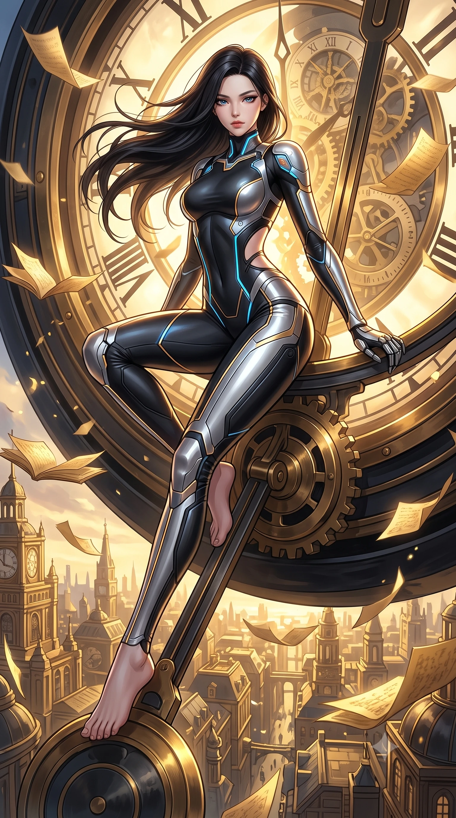 score_9, masterpiece, best quality, ultra-detailed, high-budget anime keyframe, editorial fashion photography, tasteful artistic composition, Korean woman. low angle full-body shot from head to toe showing her feet, filling the entire 9:16 vertical frame with her statuesque presence, stretching her vertical silhouette. forging dynamically through the scene, her vertical silhouette beautifully stretched poised on a massive mechanical clock pendulum swinging over a golden city, golden paper pages fluttering gently around her in a magical breeze. She has an absolutely perfect, statuesque 8.5-heads proportion, an exceptionally tall and slender model-like female figure with impossibly long slender legs and an ultra-slim waist. sharp v-shaped jawline, high-bridge nose, intricate jewel-like eyes with depth, thick eyelashes, glossy lips with a natural sheen. wearing a skin-tight cybernetic bodysuit with glowing neon seams and suggestive side cutouts, the form-contouring material highlighting her ultra-slim waist and long lines. illuminated by a brilliant golden hour glow filtering through clockwork dials. highly saturated vibrant anime colors, detailed shading with soft gradients, rich glossy textures, high-contrast stereoscopic depth, volumetric dynamic lighting, master piece, 9:16 ratio