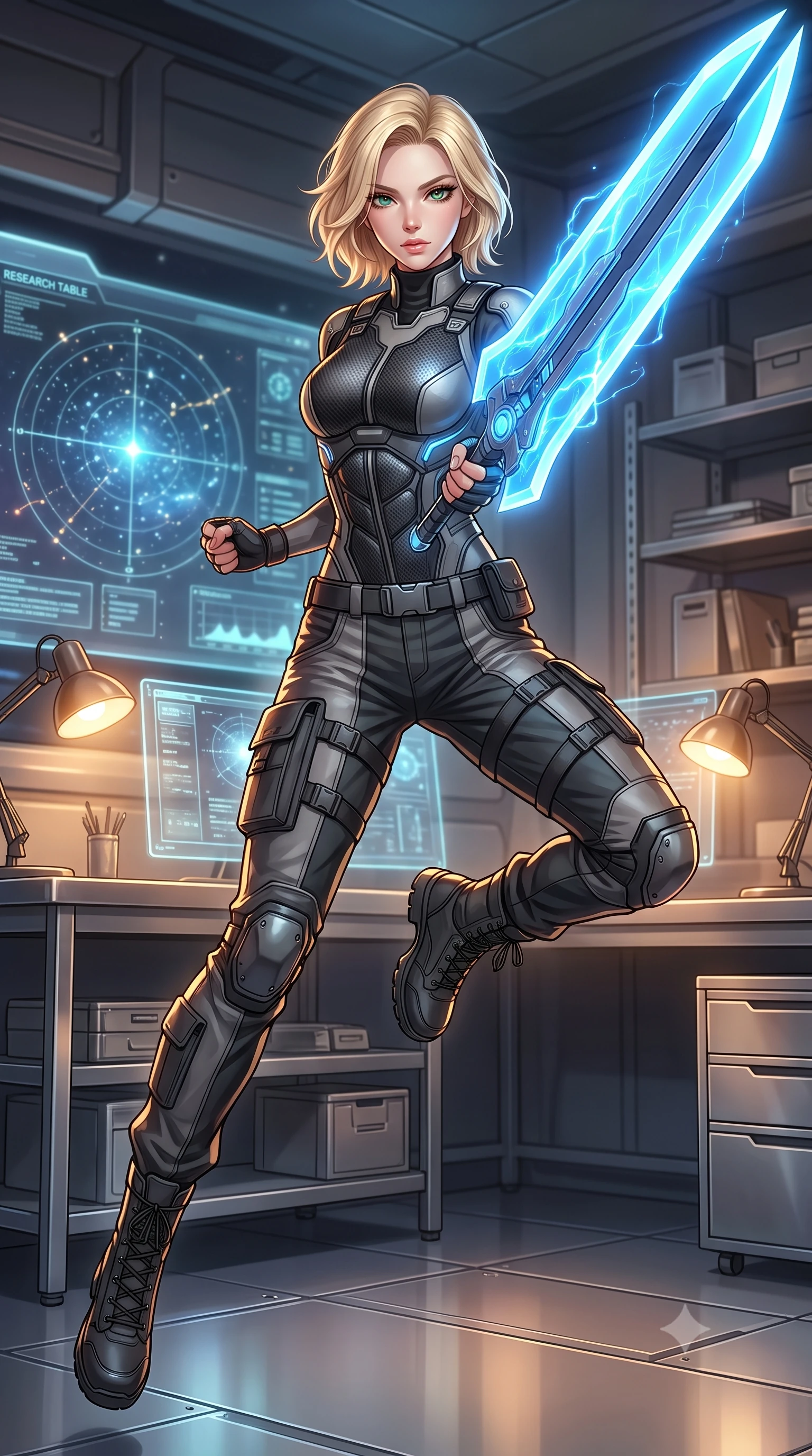 score_9, masterpiece, best quality, ultra-detailed, high-budget anime keyframe, editorial fashion photography, tasteful artistic composition, Caucasian woman. low angle full-body shot from head to toe showing her feet, filling the entire 9:16 vertical frame with her statuesque presence, stretching her vertical silhouette. leaping forward while slashing with a twin-bladed plasma sword in mid-air, her body-contouring suit showing her athletic silhouette, the background shows a soft-focus a research table corner in a space base, with star charts and glass screens. She has an absolutely perfect, statuesque 8.5-heads proportion, an exceptionally tall and slender model-like female figure with impossibly long slender legs and an ultra-slim waist. sharp v-shaped jawline, high-bridge nose, intricate jewel-like eyes with depth, thick eyelashes, glossy lips with a natural sheen. wearing a body-hugging tailored high-collar carbon-plated tactical vest worn over a high-neck protective utility undershirt and reinforced cargo pants. warm desk lamp glow casting cozy, intellectual shadows on the metal shelves. highly saturated vibrant anime colors, detailed shading with soft gradients, rich glossy textures, high-contrast stereoscopic depth, volumetric dynamic lighting, master piece, 9:16 ratio