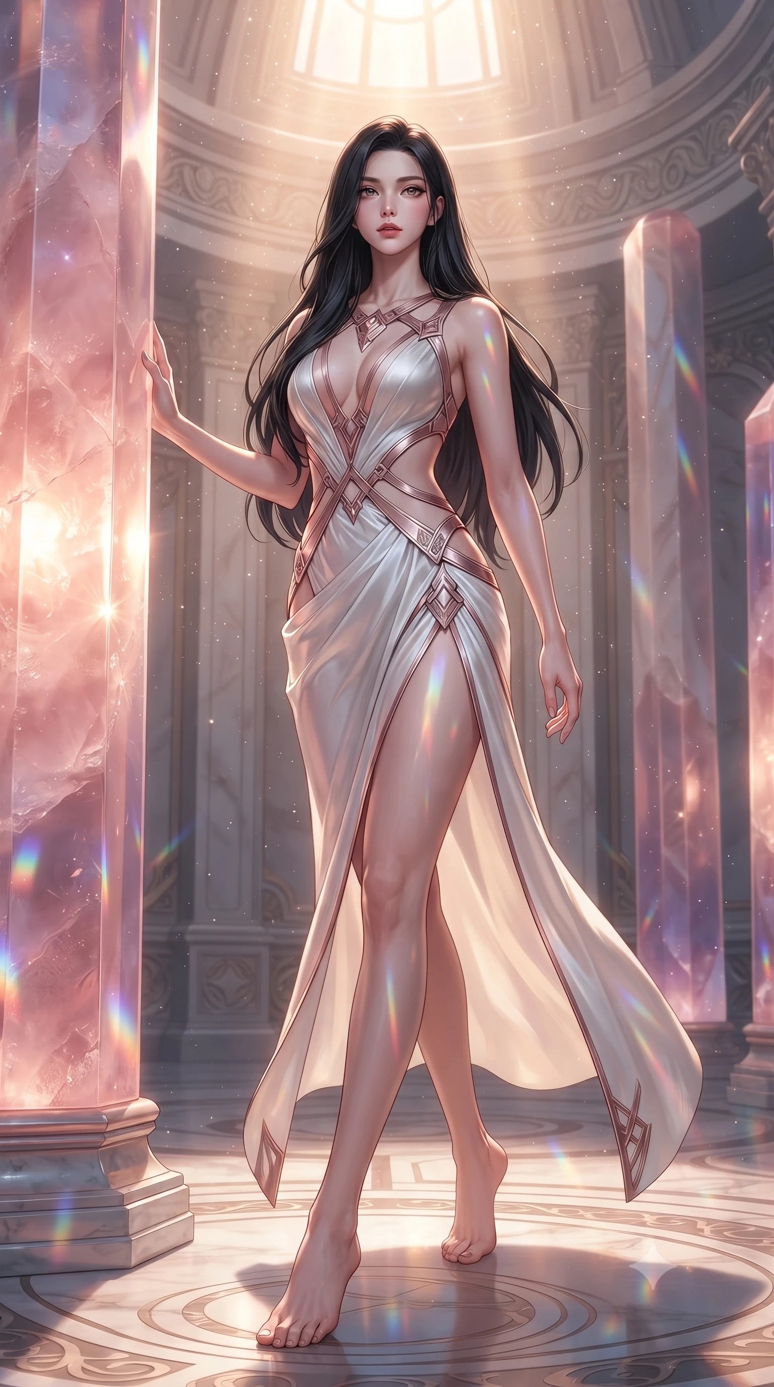 score_9, masterpiece, best quality, ultra-detailed, high-budget anime keyframe, editorial fashion photography, tasteful artistic composition, Korean woman. low angle full-body shot from head to toe showing her feet, filling the entire 9:16 vertical frame with her statuesque presence, stretching her vertical silhouette. navigating the celestial sanctuary with an effortless, graceful stride, touching a giant rose quartz pillar that emits a warm inner glow, fine crystal dust sparkling in warm sunlight filtering from above. She has an absolutely perfect, statuesque 8.5-heads proportion, an exceptionally tall and slender model-like female figure with impossibly long slender legs and an ultra-slim waist. sharp v-shaped jawline, high-bridge nose, intricate jewel-like eyes with depth, thick eyelashes, glossy lips with a natural sheen. wearing draped white silk gown featuring graceful waist cutouts and thigh slit in rose-gold pink, made of polished ivory leather, highlighted by a platinum metallic harness structure, contouring every curve with an exceptionally elegant silhouette. illuminated by radiant rose and violet prism light refracting through quartz. ultra-reflective glossy finish, specular highlights, metallic sheen, high-contrast stereoscopic depth, volumetric dynamic lighting, 2k, ultra detail, master piece, 9:16 ratio