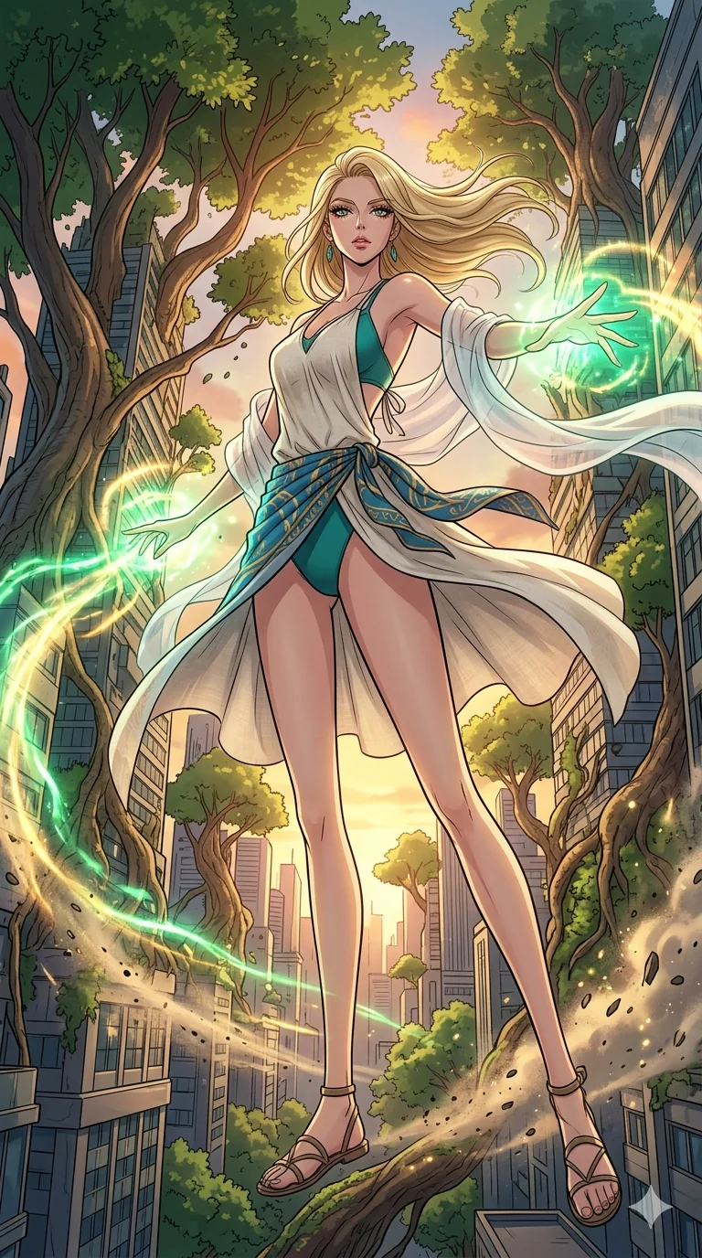 score_9, masterpiece, best quality, ultra-detailed, high-budget anime movie keyframe, cinematic anime lighting, intricate line art, Caucasian (strictly human ears) anime girl. Low angle cowboy shot capturing a powerful motion and statuesque presence. casting a spell that makes the city buildings grow like trees. She has an absolutely perfect 8-heads proportion, an exceptionally tall and slender female figure with an ultra-slim waist and impossibly long slender legs. strictly human anatomy, two legs only, no extra limbs, clearly defined legs and arms, perfect anatomy, perfect hands and fingers. sharp v-shaped jawline, high-bridge nose, intricate jewel-like eyes, thick eyelashes, glossy lips. Wearing Seasonal/Resort: High-cut one-piece with sarong, linen sundress with tie-back, and sheer fabric wrap. The scene is illuminated by dramatic atmospheric lighting and vibrant color palettes. , 2k, ultra detail, master piece, 9:16 ratio