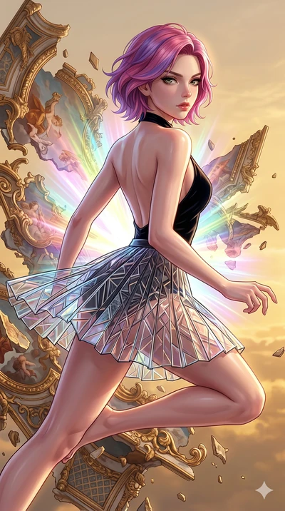 score_9, masterpiece, best quality, ultra-detailed, high-budget anime keyframe, Caucasian woman, strictly human ears. upper body close-up from the thighs up, character filling the screen for maximum presence. propelling herself off digital baroque ce