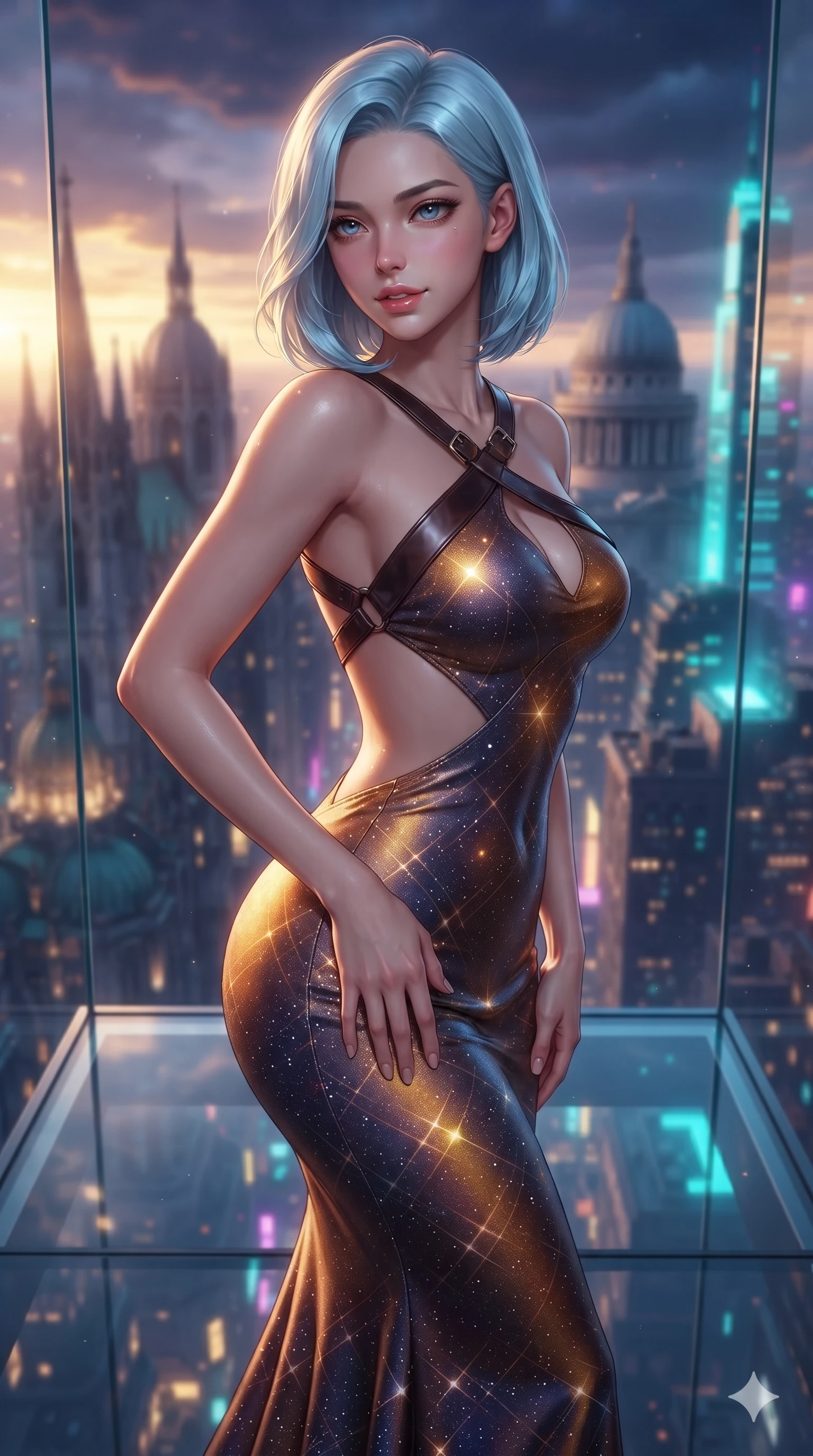 score_9, masterpiece, best quality, ultra-detailed, high-budget anime keyframe, editorial fashion photography, tasteful artistic composition, Korean woman. close-up cowboy shot from the waist and thighs up, the character dominates the composition, filling the frame with her large presence. tilting her head with a teasing half-smile, running one hand slowly down the side of her hip in a flirtatious S-curve as ambient light caresses her silhouette while twisting her slender torso in an alluring contrapposto stance, shimmering city light reflections tracing her narrow waist and curvy hips through the transparent floor. The background shows a soft-focus gothic spires and neoclassical domes blending into soaring cyberpunk neon skyscrapers thousands of meters below blurred into gold, cyan, and deep violet bokeh. She has an exceptionally elegant, slender, and willowy female figure with an ultra-slim waist, flat toned midriff, narrow ribcage, and sculpted feminine hips creating an alluring, slim hourglass silhouette without bulk. sharp v-shaped jawline, high-bridge nose, intricate jewel-like sparkling eyes with depth, thick eyelashes, glossy parted lips with a natural sheen, intensely captivating and seductive bedroom-eyes expression, exuding both youthful cute charm and sovereign luxury allure, flawlessly proportioned anatomical accuracy, strict slender model proportions, natural body alignment, perfectly sculpted long slender limbs, ultra-slim waistline, clean dynamic posture without body distortion. wearing a sculptured liquid-satin mermaid gown with an architectural open-waist cutout and bare spine in cosmic eclipse amber and starlight diamond, woven from high-density tech-wool with subtle metallic thread weave, featuring an open-back criss-cross harness strap in dark leather, the form-contouring material adhering flawlessly to her sculpted flat midriff and slender torso, emphasizing her long leg lines and perfectly proportioned willowy build. bathed in the dramatic dual twilight lighting: warm golden sunset rays from the classical west and cool vibrant neon from the futuristic east. ultra-reflective glossy finish, specular highlights, rich textural contrasts, high-contrast stereoscopic depth, volumetric dynamic lighting, 2k, ultra detail, master piece, 9:16 ratio