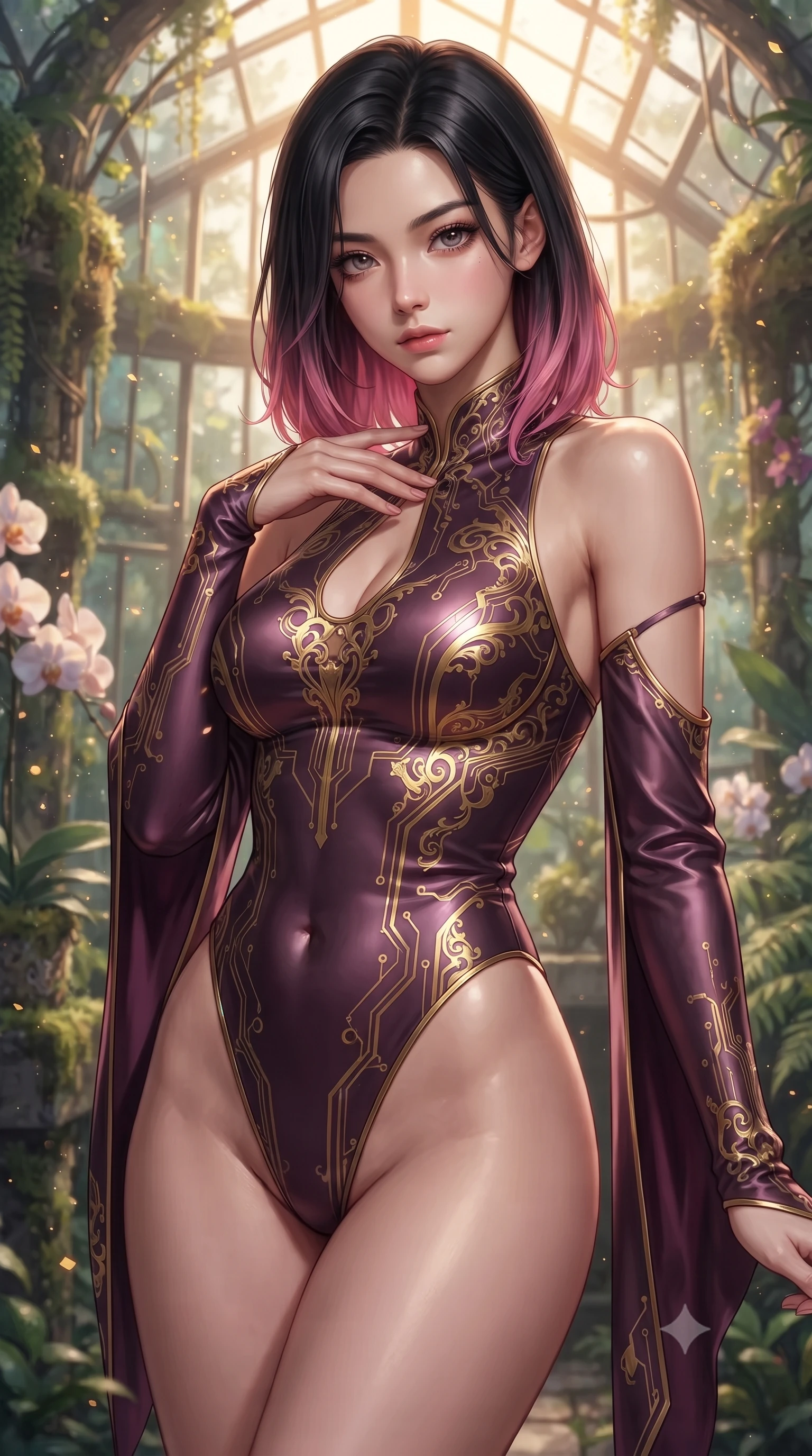 score_9, masterpiece, best quality, ultra-detailed, high-budget anime keyframe, editorial fashion photography, tasteful artistic composition, Korean woman. close-up cowboy shot from the waist and thighs up, the character dominates the composition, filling the frame with her large presence, background elements kept in soft focus. Leaning slightly forward with a composed, seductive gaze under soft glowing light forging through an overgrown greenhouse filled with platinum wire lattices, glowing pollen particles drifting gracefully around her form. She has an exceptionally elegant, slender, and willowy female figure with an ultra-slim waist, a gracefully sculpted slender torso, and a refined silhouette. sharp v-shaped jawline, high-bridge nose, intricate jewel-like eyes with depth, thick eyelashes, glossy lips with a natural sheen. wearing an asymmetrical high-cut tech-bodysuit with detached sleeves in plum purple and gold filigree, crafted from lustrous satin jersey with fluid draping, accented with a Tasteful chest slit framing her clavicle gracefully, the form-contouring material highlighting her ultra-slim waist and long lines. lit by warm golden-hour rays cascading through crystalline glass panes. highly saturated vibrant anime colors, detailed shading with soft gradients, rich glossy textures, high-contrast stereoscopic depth, volumetric dynamic lighting, master piece, 9:16 ratio