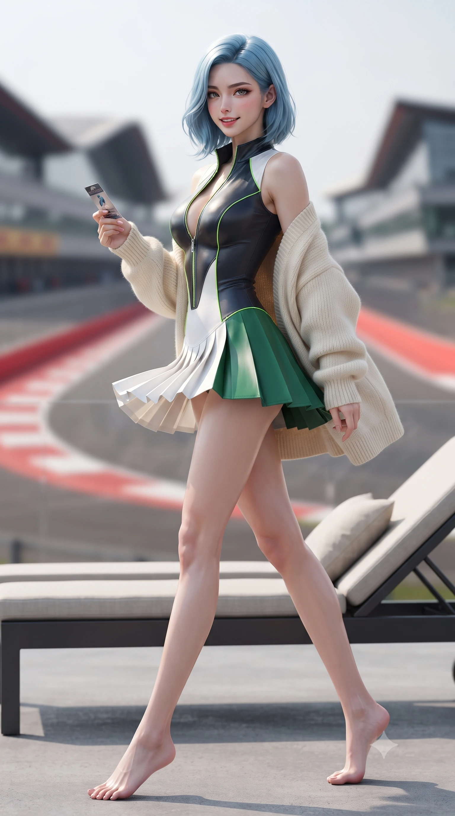 score_9, masterpiece, best quality, ultra-detailed, high-budget anime keyframe, editorial fashion photography, tasteful artistic composition, Korean woman. low angle full-body shot from head to toe showing her feet, filling the entire 9:16 vertical frame with her statuesque presence, stretching her vertical silhouette. executing an athletic pivot turn as her pleated tennis skirt flutters around her slender legs, glancing over her shoulder with an intoxicating, teasing bedroom-gaze while lounging on a designer outdoor lounger propped on one elbow, holding a racing paddock pass while casting an alluring bedroom-gaze. The background shows a soft-focus the wide expanse of the legendary Silverstone circuit, red-and-white curbs, and modern wing-shaped pit complex blurred into scarlet, silver, and slate bokeh. She has an absolutely perfect, statuesque 8.5-heads proportion, an exceptionally tall and slender model-like female figure with impossibly long slender legs, an ultra-slim waist, a flat toned midriff, narrow delicate ribcage, and beautifully sculpted feminine hips creating a graceful, slim hourglass silhouette without any bulky heaviness. sharp v-shaped jawline, high-bridge nose, sparkling eyes with athletic focus and depth, thick curled eyelashes, glossy parted lips with a natural coral-peach sheen, bright confident and coquettish smile with alluring bedroom-eyes, exuding both youthful sporty vigor and sovereign high-society glamour, flawlessly proportioned anatomical accuracy, strict slender model proportions, natural body alignment, perfectly sculpted long slender limbs, ultra-slim waistline, clean dynamic posture without body distortion. wearing an ultra-tight form-contouring racing leather catsuit in two-tone white and British racing green with a deep-plunging zip neck in deep midnight carbon and luminous lime green piping, crafted from sheer delicate stretch lace reinforced with technical sport threads, complemented by an oversized cashmere knit cardigan slipping off one bare shoulder, the high-waisted wrap tailoring accentuating her ultra-slim waistline and the enchanting curve of her feminine hips with alluring sporty charm. illuminated by terrace fill light and sharp silver rim lights sculpting her sculpted collarbones, ultra-slim waist, and curvy hips. ultra-reflective glossy finish, specular highlights, rich textural contrasts, high-contrast stereoscopic depth, volumetric dynamic lighting, 2k, ultra detail, master piece, 9:16 ratio