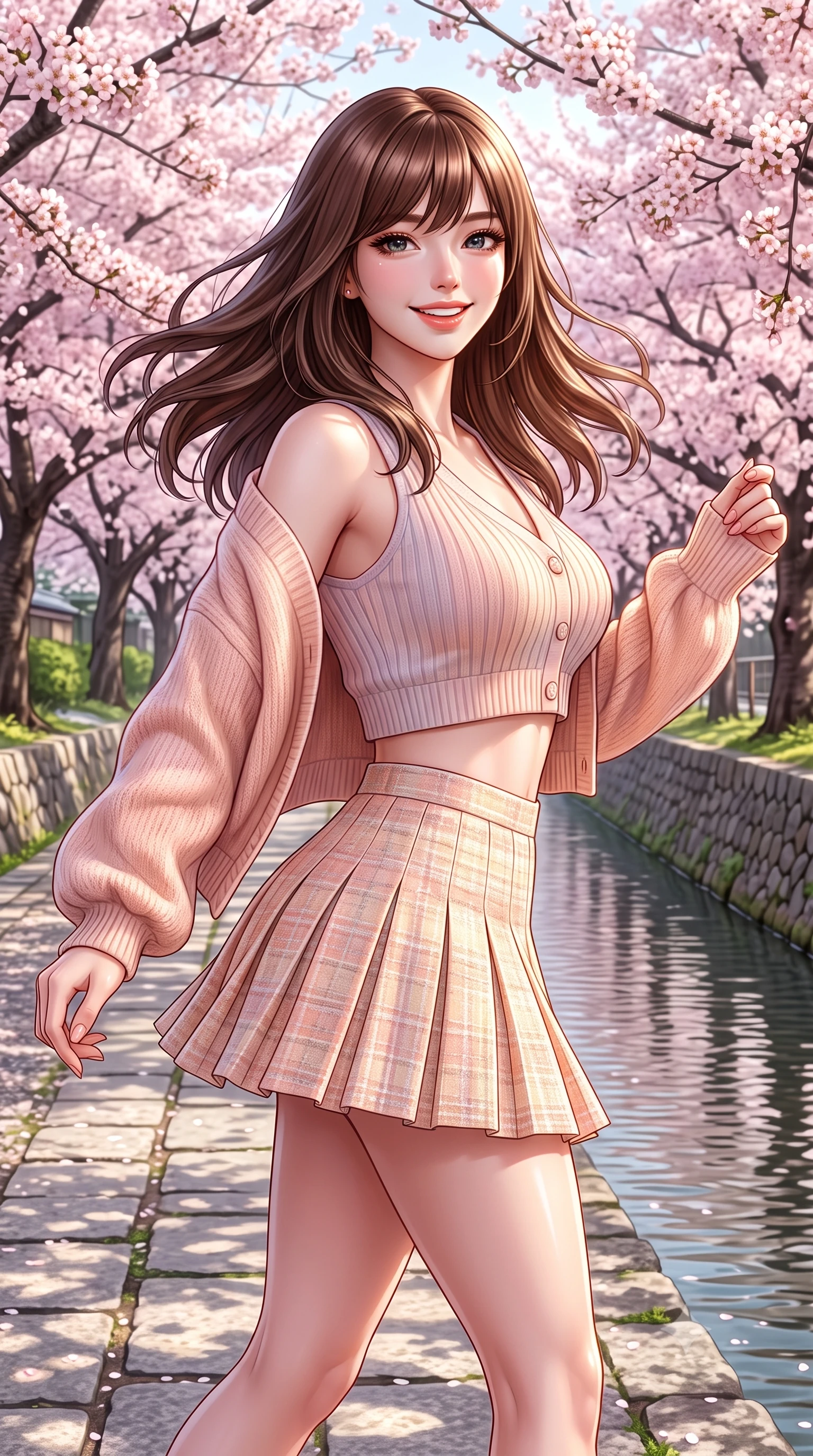 score_9, masterpiece, best quality, ultra-detailed, high-budget anime keyframe, semi-realistic 3D game render, editorial fashion photography, tasteful artistic composition, Korean woman. close-up cowboy shot from the waist and thighs up, the character dominates the composition, filling the frame with her large presence. turning playfully with a bright confident smile, her glossy hair tossing in the breeze as her hips angle gracefully in a captivating contrapposto while walking gracefully along the stone canal pathway beneath hundreds of blooming cherry trees, arching her lower back with a bright, charming smile. The surrounding environment is rendered in vivid detail and crisp panoramic clarity. detailed silk dress drape, soft sun glints on skin, and Philosopher's Path landscape clarity in high resolution. She has an exceptionally elegant, slender, and willowy female figure with an ultra-slim waist, flat toned midriff, narrow ribcage, and sculpted feminine hips creating an alluring, slim hourglass silhouette without bulk. sharp v-shaped jawline, high-bridge nose, intricate jewel-like sparkling eyes with depth, thick eyelashes, glossy parted lips with a natural peach sheen, bright cheerful beaming smile with an enchanting and coquettish sensual glint, exuding both youthful cute charm and seductive allure, flawlessly proportioned anatomical accuracy, strict slender model proportions, natural body alignment, perfectly sculpted long slender limbs, ultra-slim waistline, clean dynamic posture without body distortion. wearing a cropped pastel ribbed knit cardigan paired with an ultra-short high-waisted pleated tennis skirt clinging tightly to her curvy hips in pastel peach blossom pink and warm champagne ivory, tailored from soft pastel tweed with subtle metallic shimmer, complemented by an oversized soft knit cardigan slipping off one bare shoulder, the form-contouring cut accentuating her sculpted flat midriff, narrow delicate ribcage, and gracefully curvy hips with supermodel precision. illuminated by calm water reflections sharply sculpting her sculpted cheekbones, ultra-slim waist, and curvy hips. highly saturated vibrant anime colors, detailed shading with soft gradients, rich glossy textures, high-contrast stereoscopic depth, volumetric dynamic lighting, master piece, 9:16 ratio