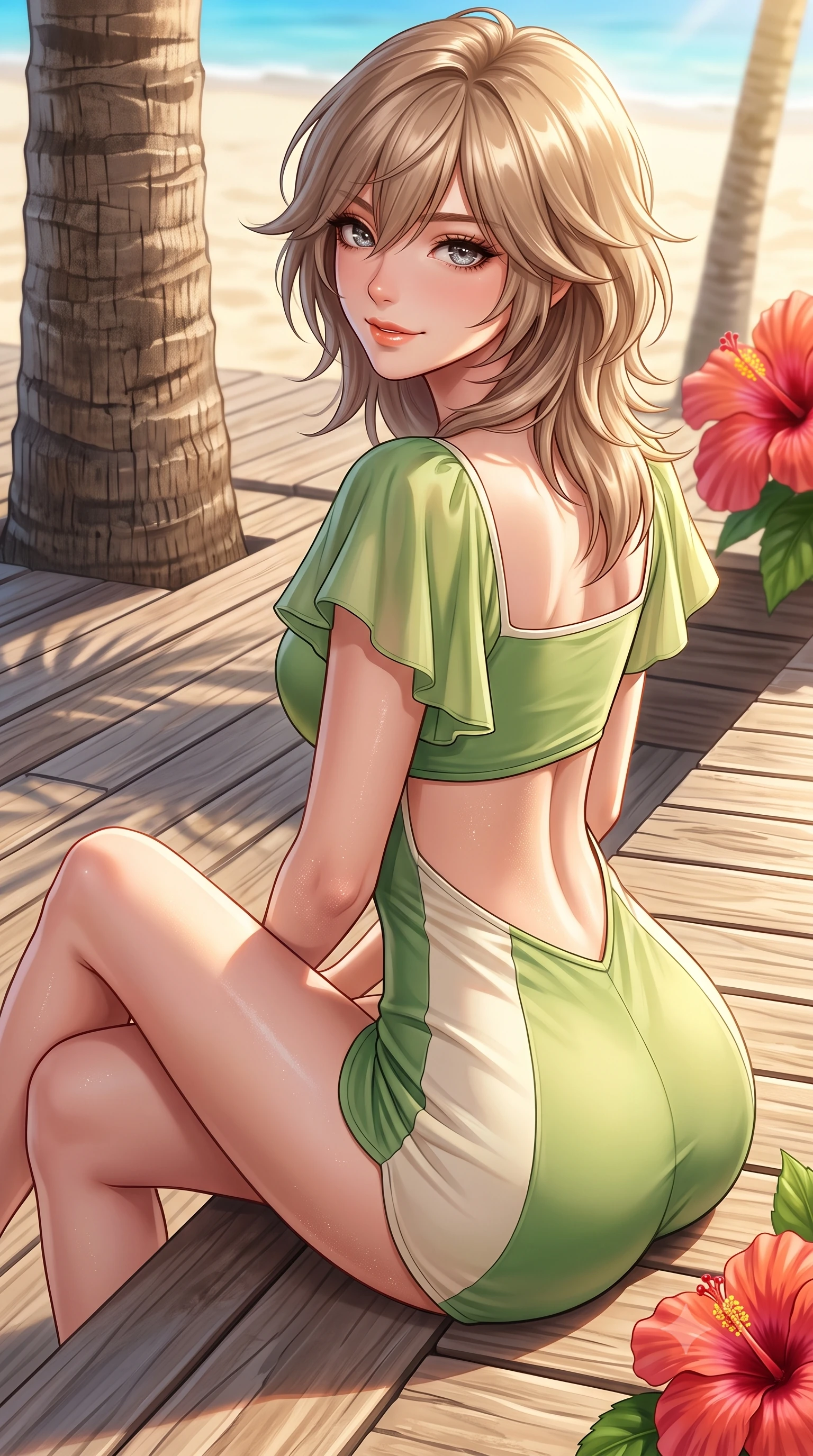 score_9, masterpiece, best quality, ultra-detailed, high-budget anime keyframe, semi-realistic 3D game render, editorial fashion photography, tasteful artistic composition, Japanese woman. close-up cowboy shot from the waist and thighs up, the character dominates the composition, filling the frame with her large presence. posing in an alluring rear three-quarter angle, turning over a bare shoulder with an intoxicating cute smile, her hips cocked back to highlight her slim hourglass curve while sitting perched on the sunlit timber deck with legs crossed, her toned flat midriff and curvy hips glowing in the radiant Hawaiian sun. The surrounding environment is rendered in vivid detail and crisp panoramic clarity. sharp palm trunk textures, weathered timber boardwalk planks, and tropical hibiscus petal venation in deep focus. She has an exceptionally elegant, slender, and willowy female figure with an ultra-slim waist, flat toned midriff, narrow ribcage, and sculpted feminine hips creating an alluring, slim hourglass silhouette without bulk. sharp v-shaped jawline, high-bridge nose, intricate jewel-like sparkling eyes with depth, thick eyelashes, glossy parted lips with a natural peach sheen, bright cheerful beaming smile with an enchanting and coquettish sensual glint, exuding both youthful cute charm and seductive allure, flawlessly proportioned anatomical accuracy, strict slender model proportions, natural body alignment, perfectly sculpted long slender limbs, ultra-slim waistline, clean dynamic posture without body distortion. wearing a second-skin stretch cotton camisole romper with high-cut leg openings and an open back in matcha green and warm ivory, tailored from fine lightweight chiffon that flutters gently in the breeze, featuring elegant flutter sleeves and a graceful square neckline, the high-waisted tailoring accentuating her ultra-slim waistline and the enchanting curve of her feminine hips with alluring charm. illuminated by warm sand specular reflections sharply carving her razor-sharp jawline, narrow waist, and curvy hips. highly saturated vibrant anime colors, detailed shading with soft gradients, rich glossy textures, high-contrast stereoscopic depth, volumetric dynamic lighting, master piece, 9:16 ratio