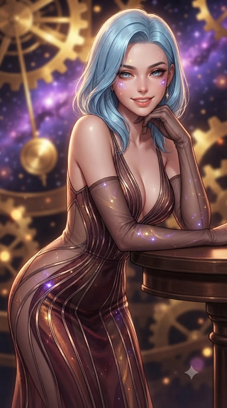 score_9, masterpiece, best quality, ultra-detailed, high-budget anime keyframe, editorial fashion photography, tasteful artistic composition, Korean woman. close-up cowboy shot from the waist and thighs up, the character dominates the composition, filling the frame with her large presence. resting one elbow on the table and supporting her chin, leaning close to the camera with heavy-lidded sparkling eyes and parted lips while twisting her slender torso in an alluring contrapposto stance, golden brass gear reflections and purple starlight painting fluid light ribbons across her narrow waist and hips. The background shows a soft-focus colossal rotating brass cogwheels, sweeping clockwork pendulums, and vibrant purple stellar nebulae blurred into gold, amber, and violet bokeh. She has an exceptionally elegant, slender, and willowy female figure with an ultra-slim waist, flat toned midriff, narrow ribcage, and sculpted feminine hips creating an alluring, slim hourglass silhouette without bulk. sharp v-shaped jawline, high-bridge nose, intricate jewel-like sparkling eyes with depth, thick eyelashes, glossy parted lips with a natural peach sheen, bright cheerful beaming smile with an enchanting and coquettish sensual glint, exuding both youthful cute charm and seductive allure, flawlessly proportioned anatomical accuracy, strict slender model proportions, natural body alignment, perfectly sculpted long slender limbs, ultra-slim waistline, clean dynamic posture without body distortion. wearing a plunge-front sheer illusion tulle slip dress with liquid platinum ribbon stripes hugging her curves in deep burgundy and bronze accents, featuring strategic sheer-illusion tulle side panels framing her ribcage and hips, complemented by sheer opera-length evening gloves tracing her slender arms, the form-contouring silhouette accentuating her sculpted flat midriff, narrow delicate ribcage, and gracefully curvy hips with intoxicating allure. bathed in the warm radiant 2600K gleam of polished brass gears mixed with cool purple starlight through open arches. ultra-reflective glossy finish, specular highlights, rich textural contrasts, high-contrast stereoscopic depth, volumetric dynamic lighting, 2k, ultra detail, master piece, 9:16 ratio