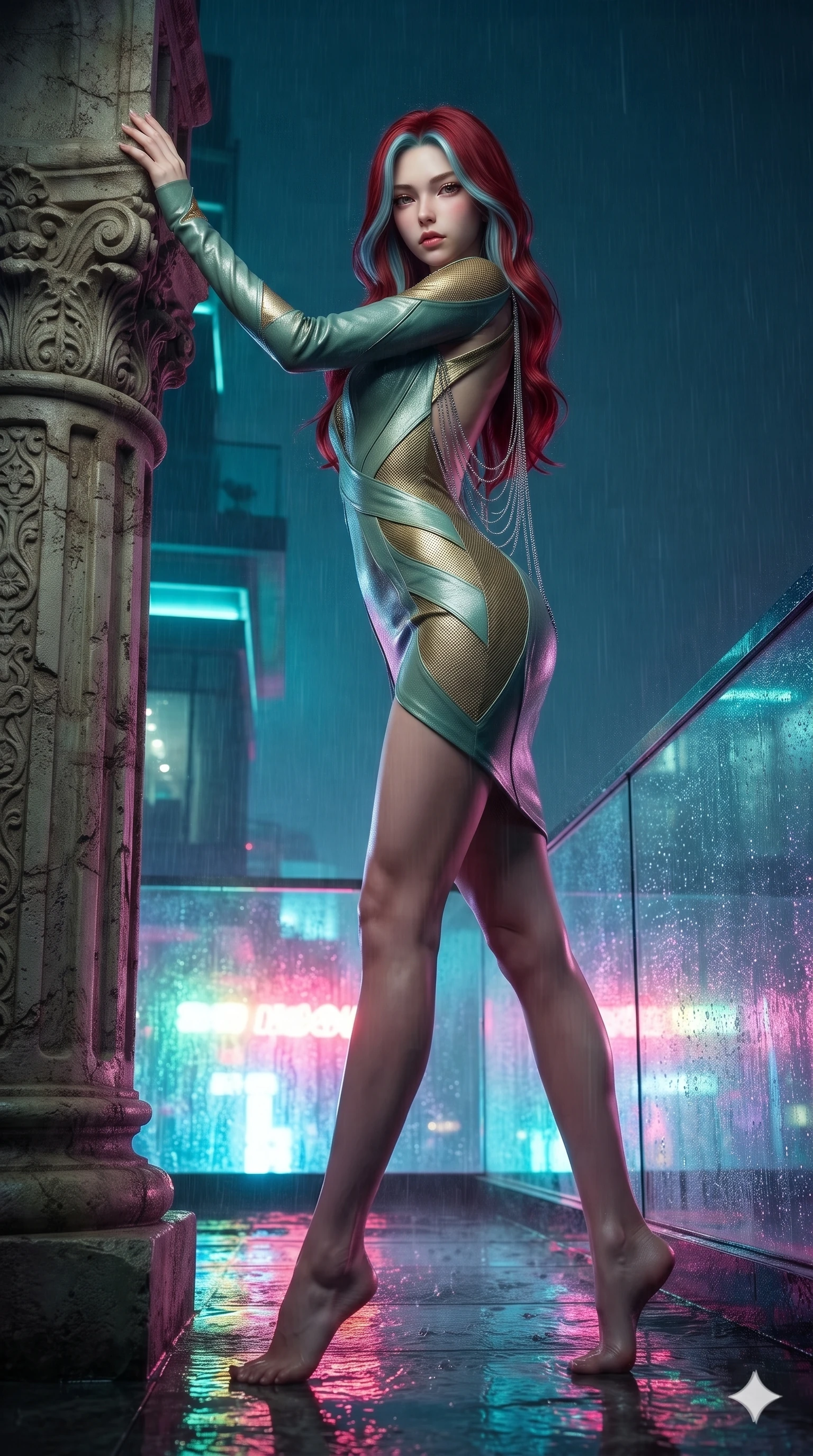 score_9, masterpiece, best quality, ultra-detailed, high-budget anime keyframe, editorial fashion photography, tasteful artistic composition, Caucasian woman. low angle full-body shot from head to toe showing her feet, filling the entire 9:16 vertical frame with her statuesque presence, stretching her vertical silhouette. standing tall beside the carved palazzo column, one hand resting high while arching her lower back to emphasize her sculpted feminine hips and slender waist while standing tall and poised against the wet glass railing, arching her lower back with sovereign supermodel grace as rain mist catches the neon glow. The surrounding environment is rendered in vivid detail and crisp panoramic clarity: detailed wet-look silk wrap tailoring, fine mesh cutouts, and futuristic penthouse balcony architecture in razor-sharp clarity. She has an exceptionally tall and slender model-like 8.5-heads proportion, an ultra-slim waist, a flat toned midriff, narrow delicate ribcage, and beautifully sculpted feminine hips creating a graceful, slim hourglass silhouette without any bulky heaviness, with impossibly long slender legs. sharp v-shaped jawline, high-bridge nose, intricate jewel-like sparkling eyes with depth, thick eyelashes, glossy parted lips with a natural sheen, intensely captivating and seductive bedroom-eyes expression, exuding both youthful cute charm and sovereign luxury allure, flawlessly proportioned anatomical accuracy, strict slender model proportions, natural body alignment, perfectly sculpted long slender limbs, ultra-slim waistline, clean dynamic posture without body distortion. wearing a glove-like stretch lambskin leather sheath dress accentuating her ultra-slim waistline without bulk in celadon jade and antique gold-leaf, woven from high-density tech-wool with subtle metallic thread weave, accented with an open-back drape framed by falling strands of delicate chrome chains, the glove-like clinging cut tightly following the natural contour of her hips and long slender legs with youthful 8.5-heads elegance. bathed in the intense, high-saturation glow of multi-colored neon signage reflecting off wet surfaces. ultra-reflective glossy finish, specular highlights, rich textural contrasts, high-contrast stereoscopic depth, volumetric dynamic lighting, 2k, ultra detail, master piece, 9:16 ratio