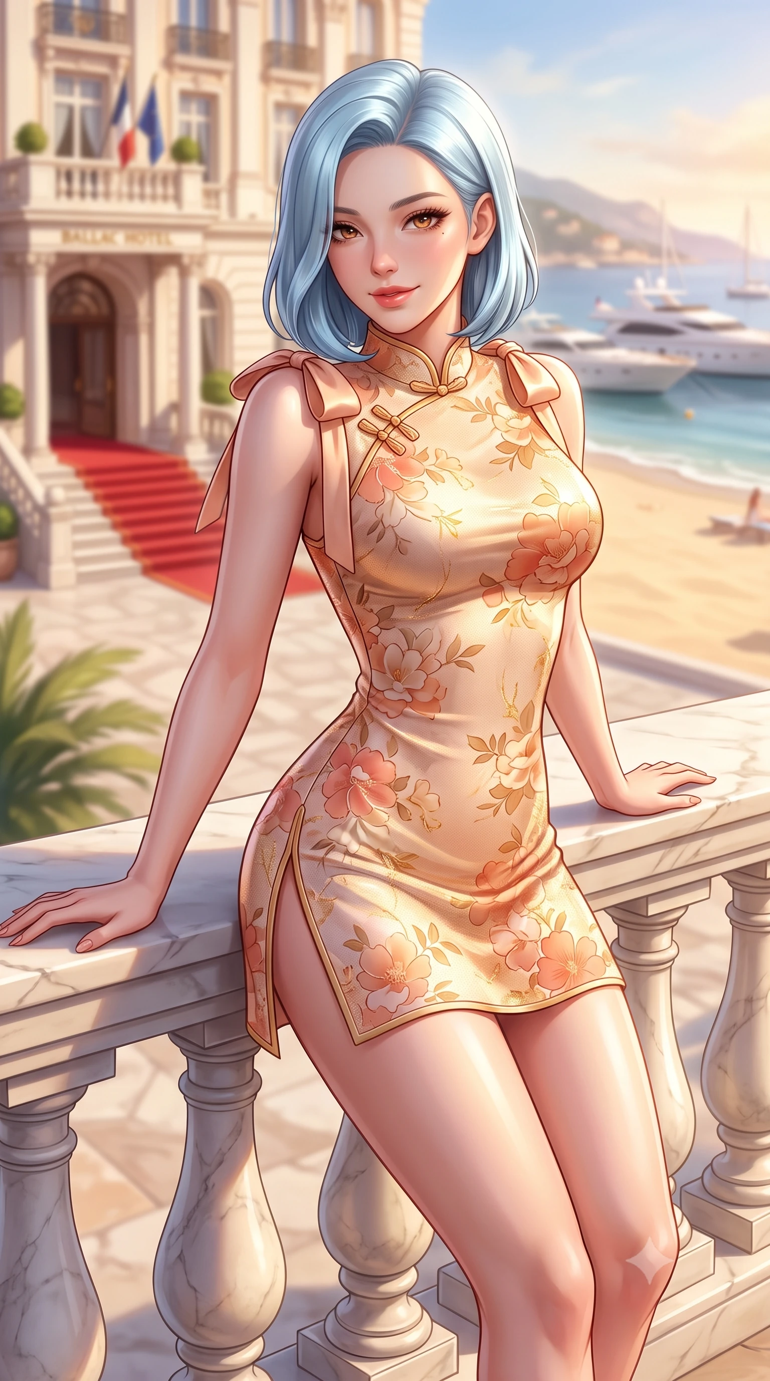 score_9, masterpiece, best quality, ultra-detailed, high-budget anime keyframe, semi-realistic 3D game render, editorial fashion photography, tasteful artistic composition, Korean woman. close-up cowboy shot from the waist and thighs up, the character dominates the composition, filling the frame with her large presence. leaning back against the sunlit marble railing with relaxed seductive grace, her flat midriff and narrow waist highlighted as golden hour light traces her curves while leaning against the classical stone balustrade with hips cocked back, casting an alluring bedroom-gaze over the sandy beach and anchored yachts. The composition keeps background elements in soft focus with dreamy creamy bokeh. the grand belle-époque palace hotel facade and red carpet entrance softened in prestigious Riviera shallow focus. She has an exceptionally elegant, slender, and willowy female figure with an ultra-slim waist, flat toned midriff, narrow ribcage, and sculpted feminine hips creating an alluring, slim hourglass silhouette without bulk. sharp v-shaped jawline, high-bridge nose, sparkling amber-hazel eyes with depth, long lush eyelashes, glossy sun-kissed lips with a warm coral glaze, radiant teasing smile with sensual sunlit bedroom-eyes, exuding effortless old-money elegance and intoxicating sun-drenched allure, flawlessly proportioned anatomical accuracy, strict slender model proportions, natural body alignment, perfectly sculpted long slender limbs, ultra-slim waistline, clean dynamic posture without body distortion. wearing a modern cute floral silk qipao mini dress with double side slits ascending to the hip in sunset peach tones in warm champagne ivory and sun-kissed golden sand, tailored from soft pastel resort tweed with subtle gold thread shimmer, finished with cute satin bow ribbons tying at the shoulders, the form-fitting cut adhering flawlessly to her sculpted flat midriff and slender torso, emphasizing her long leg lines and perfectly proportioned willowy build. illuminated by grand marble terrace bounce and sharp platinum rim lights sculpting her razor-sharp jawline, narrow waist, and curvy hips. highly saturated vibrant anime colors, detailed shading with soft gradients, rich glossy textures, high-contrast stereoscopic depth, volumetric dynamic lighting, master piece, 9:16 ratio
