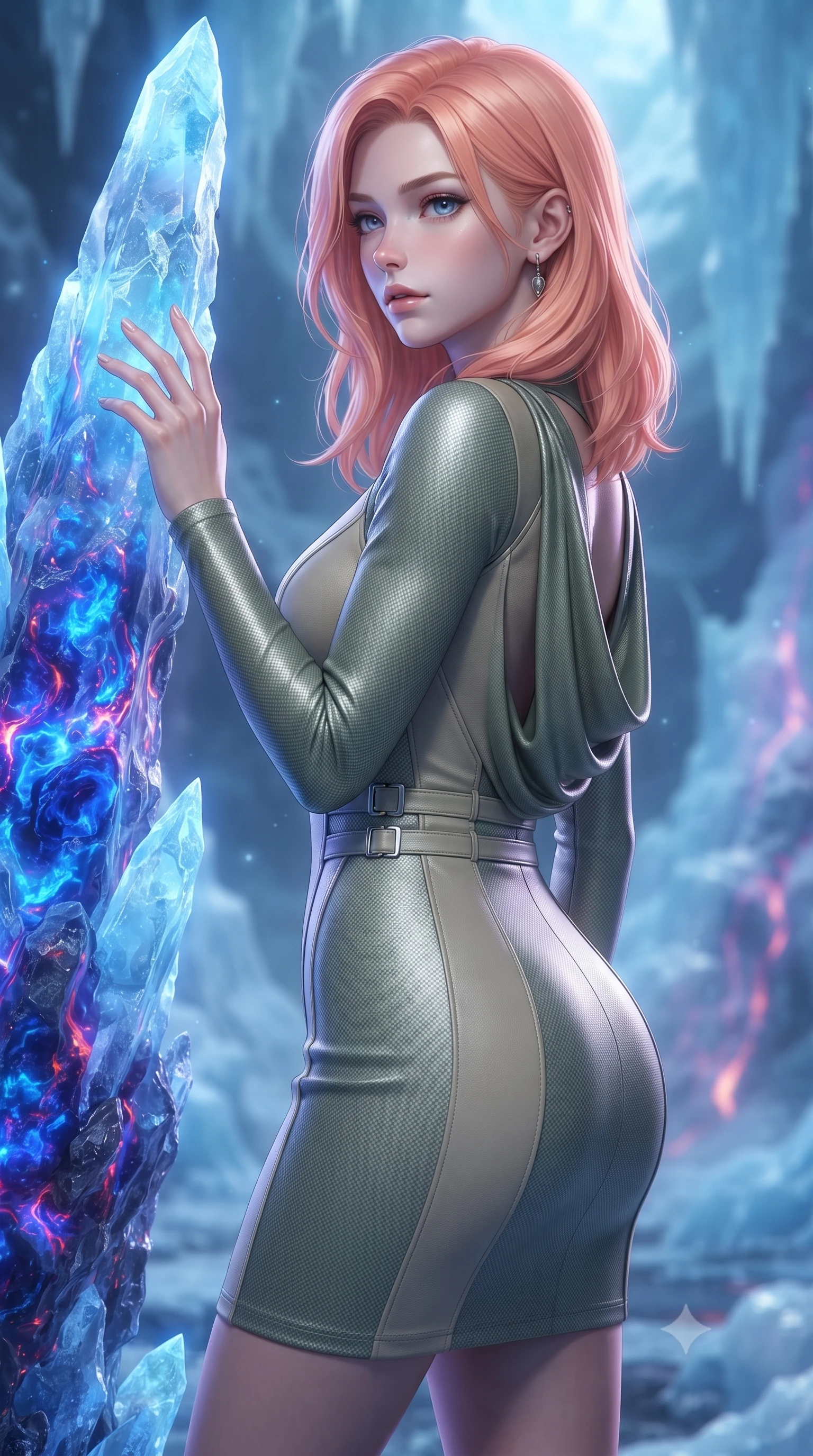score_9, masterpiece, best quality, ultra-detailed, high-budget anime keyframe, editorial fashion photography, tasteful artistic composition, Japanese woman. close-up cowboy shot from the waist and thighs up, the character dominates the composition, filling the frame with her large presence, background elements kept in soft focus. Gazing past the camera with an air of effortless elegance and mysterious confidence touching a frozen lava crystal spire glowing with high-energy plasma, striking contrast of sub-zero blue ice crystals and hot cobalt blue magma. She has an exceptionally elegant, slender, and willowy female figure with an ultra-slim waist, a gracefully sculpted slender torso, and a refined silhouette. sharp v-shaped jawline, high-bridge nose, intricate jewel-like eyes with depth, thick eyelashes, glossy lips with a natural sheen. wearing a precision-fitted liquid jersey bodycon dress with a draped back in sage green and oatmeal, made of fine carbon-fiber weave and soft matte leather, detailed with polished silver buckles along the waistline, the tailored fabric tightly following every curve of her athletic build. bathed in high-contrast blue and violet spectral lighting. ultra-reflective glossy finish, specular highlights, metallic sheen, high-contrast stereoscopic depth, volumetric dynamic lighting, 2k, ultra detail, master piece, 9:16 ratio