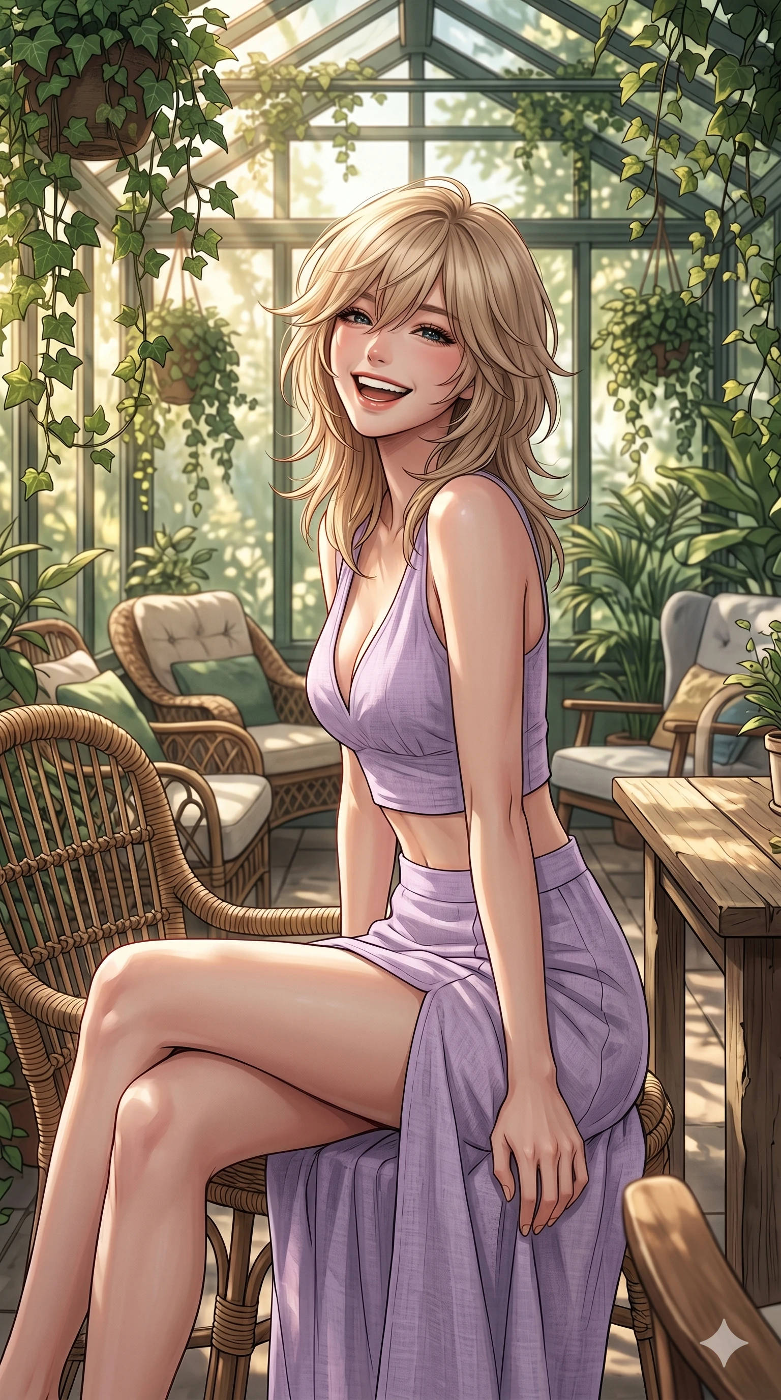 score_9, masterpiece, best quality, ultra-detailed, high-budget anime keyframe, editorial fashion photography, tasteful artistic composition, Japanese woman. cowboy shot from the thighs up, character and outfit filling the frame for maximum editorial presence. sitting on a wicker chair, looking back with a bright, welcoming laugh inside a glass-walled sunroom filled with hanging ivy and comfortable chairs. She has an absolutely perfect 8-heads proportion, an exceptionally tall and slender female figure with impossibly long slender legs and an ultra-slim waist. V-shaped jawline, high-bridge nose, intricate jewel-like eyes with depth, thick eyelashes, glossy lips with a natural sheen. wearing a lightweight lavender crop top with a plunging V-neckline and matching split skirt. bathed in soft, warm sunbeams filtering through the foliage, creating a relaxed vibe. 2k, ultra detail, master piece, 9:16 ratio