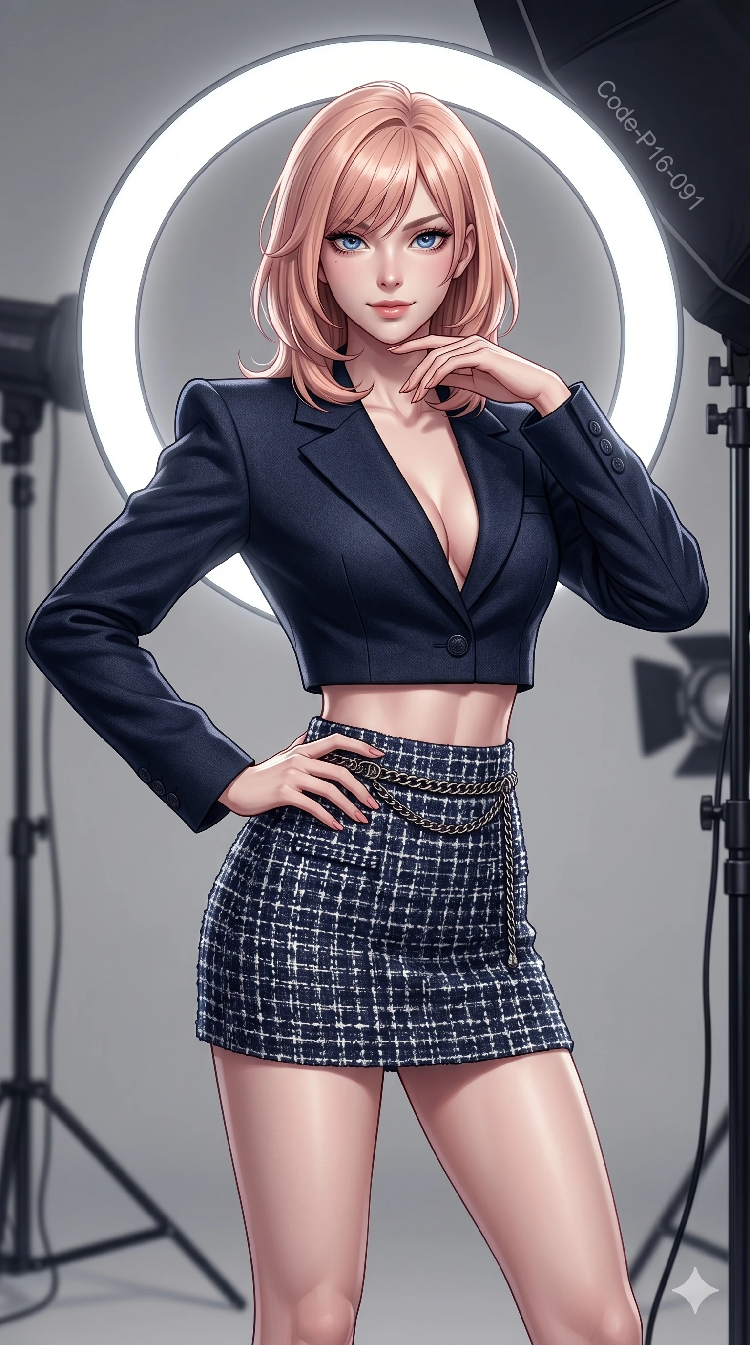 score_9, masterpiece, best quality, ultra-detailed, high-budget anime keyframe, editorial fashion photography, tasteful artistic composition, Japanese woman. cowboy shot from the thighs up, character and outfit filling the frame for maximum editorial presence. posing with quiet magnetic self-assurance, looking directly into the lens with a confident grin in a professional photo studio with a giant circular ring light (Code-P16-091). She has an absolutely perfect 8-heads proportion, an exceptionally tall and slender female figure with impossibly long slender legs and an ultra-slim waist. V-shaped jawline, high-bridge nose, intricate jewel-like eyes with depth, thick eyelashes, glossy lips with a natural sheen. wearing a structured crop blazer with nothing underneath, paired with a high-waisted micro-skirt. bright cinematic key light tracing the sleek contours of her athletic figure. 2k, ultra detail, master piece, 9:16 ratio
