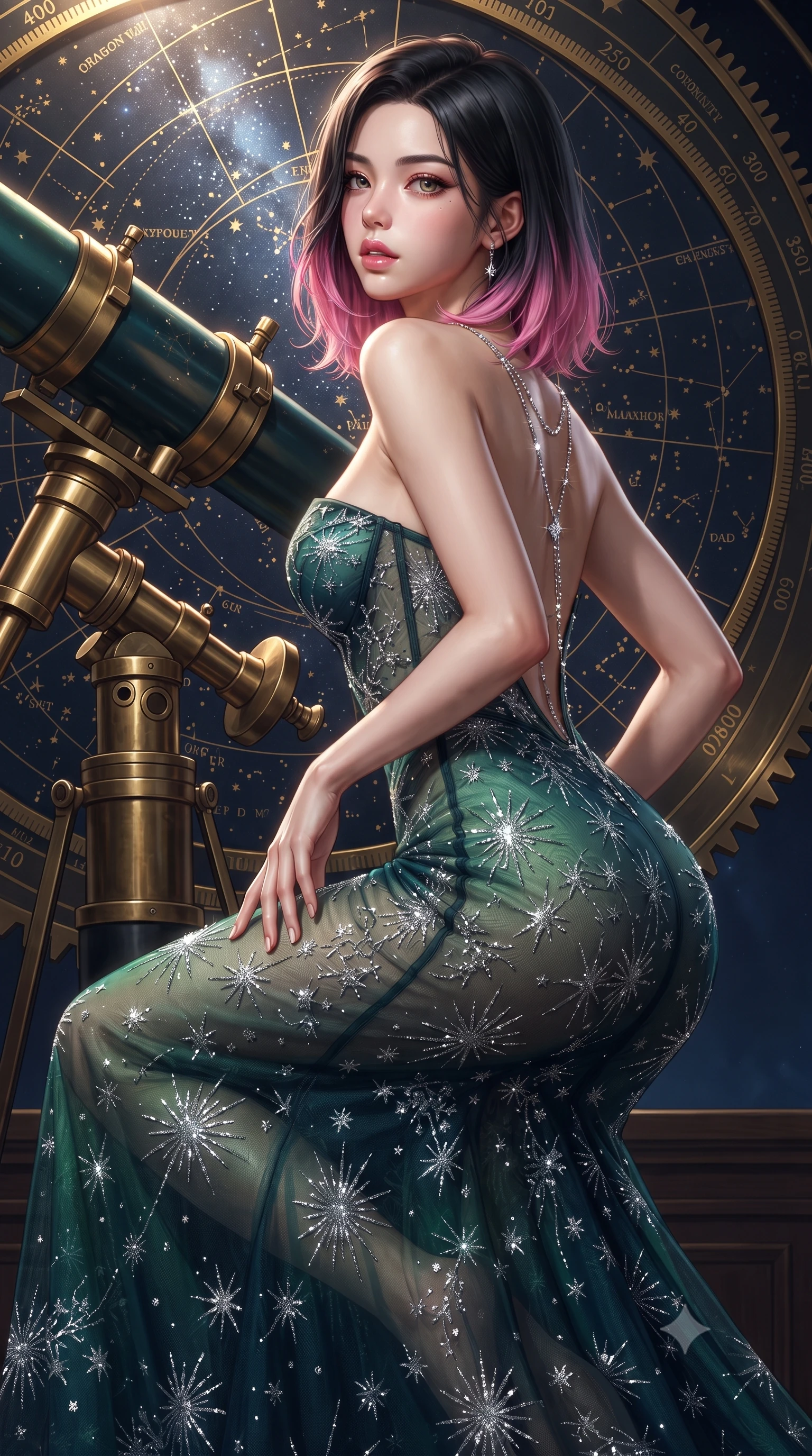 score_9, masterpiece, best quality, ultra-detailed, high-budget anime keyframe, editorial fashion photography, tasteful artistic composition, Korean woman. close-up cowboy shot from the waist and thighs up, the character dominates the composition, filling the frame with her large presence. resting one manicured hand delicately on her hip bone, her upper body turning in a fluid, seductive S-curve while parted lips glisten in the light while crouching gracefully beside the brass telescope mount, looking back with parted glossy lips as galactic starlight washes over her curves. The surrounding environment is rendered in vivid detail and crisp panoramic clarity. sharp brass gear teeth, engraved celestial coordinate rings, and star map typography in deep focus. She has an exceptionally elegant, slender, and willowy female figure with an ultra-slim waist, a gracefully sculpted slender torso, toned flat midriff, and rounded feminine hips creating an alluring hourglass silhouette. sharp v-shaped jawline, high-bridge nose, intricate jewel-like eyes with depth, thick eyelashes, glossy parted lips with a natural sheen, intensely captivating and seductive bedroom-eyes expression, flawlessly proportioned anatomical accuracy, strict slender model proportions, natural body alignment, perfectly sculpted long slender limbs, ultra-slim waistline, clean dynamic posture without body distortion. wearing a midnight silk crepe mermaid gown featuring an architectural strapless neckline and bodycon hip hug in glowing aurora green and midnight teal, made of sheer contouring power-mesh with silver starburst flocking, accented with a glittering crystal constellation back chain tracing her bare spine, the glove-like aerodynamic silhouette tightly following the natural contour of her hips and long slender legs with statuesque precision. illuminated by starlight edge lights carving her slender waist, bare collarbones, and feminine hip line. ultra-reflective glossy finish, specular highlights, rich textural contrasts, high-contrast stereoscopic depth, volumetric dynamic lighting, 2k, ultra detail, master piece, 9:16 ratio