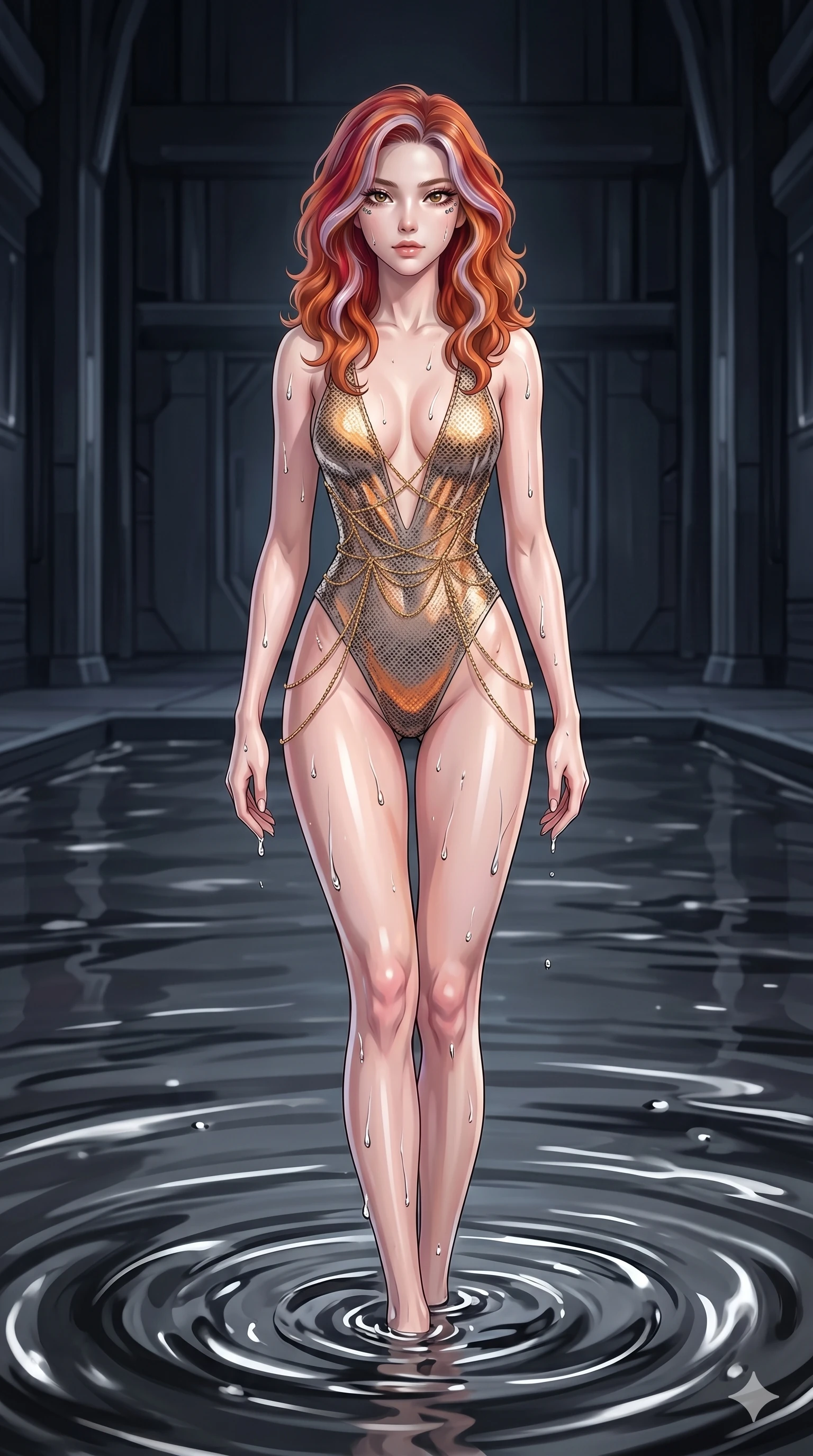 score_9, masterpiece, best quality, ultra-detailed, High-budget Anime Keyframe, East Asian woman. Dynamic full-body shot stretching the vertical silhouette to the limit. Scenario 24: Rising from a pool of mercury-like liquid, droplets rolling off her skin. Her presence is magnetic and overpowering in this high-budget anime scene. Outfit 24: A molten liquid silk micro-mesh with a plunging V-neckline and fine gold chains. The clothing is designed to emphasize her exceptionally tall and slender 8-heads proportion. 8-heads proportion, towering silhouette, ultra-slim waist. sharp v-shaped jawline, intricate jewel-like eyes with depth, thick eyelashes, glossy lips. 2k, ultra detail, master piece, 9:16 ratio
