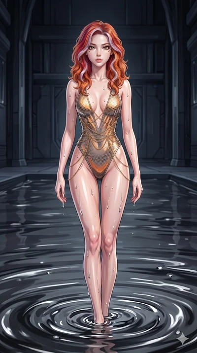 score_9, masterpiece, best quality, ultra-detailed, High-budget Anime Keyframe, East Asian woman. Dynamic full-body shot stretching the vertical silhouette to the limit. Scenario 24: Rising from a pool of mercury-like liquid, droplets rolling off her