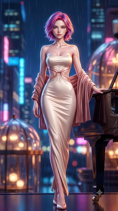 score_9, masterpiece, best quality, ultra-detailed, high-budget anime keyframe, semi-realistic 3D game render, editorial fashion photography, tasteful artistic composition, Caucasian woman. low angle full-body shot from head to toe showing her feet, 