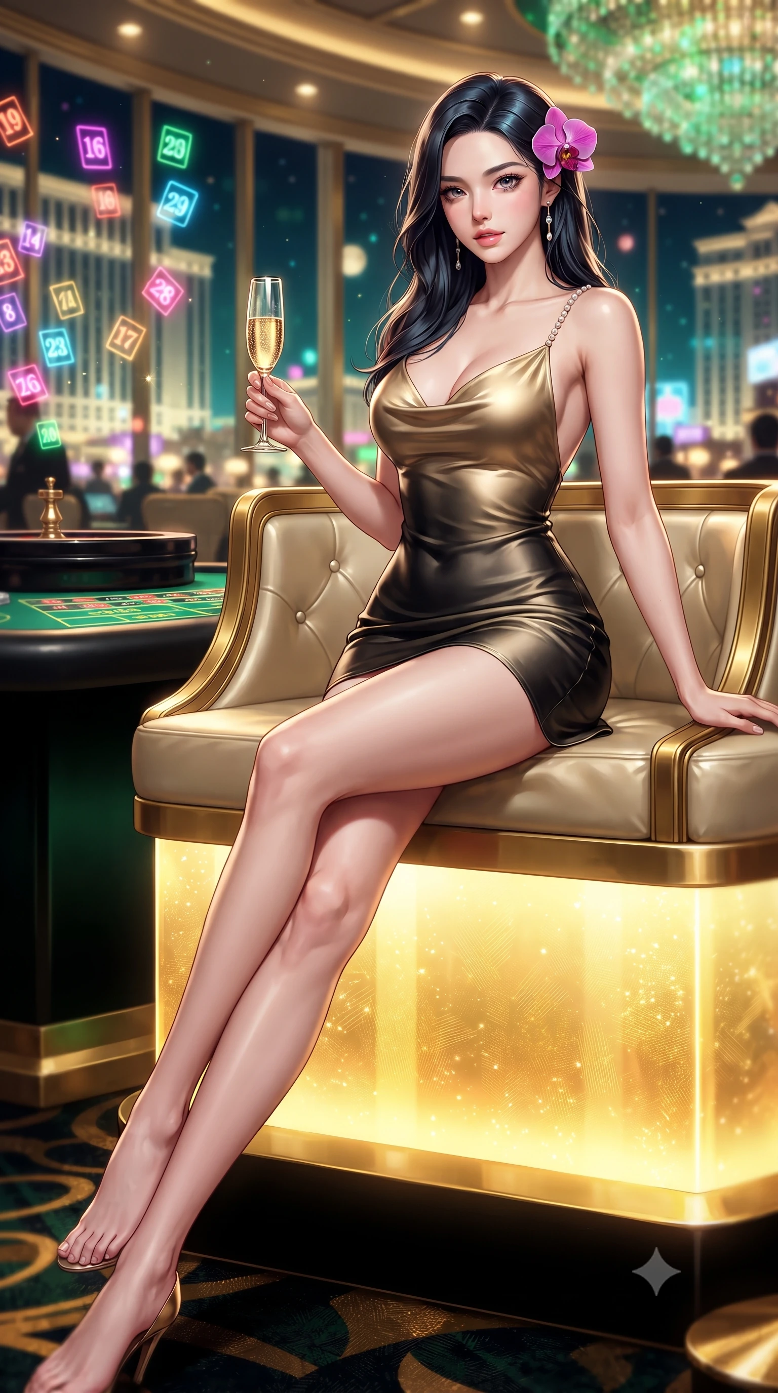 score_9, masterpiece, best quality, ultra-detailed, high-budget anime keyframe, editorial fashion photography, tasteful artistic composition, Korean woman. low angle full-body shot from head to toe showing her feet, filling the entire 9:16 vertical frame with her statuesque presence, stretching her vertical silhouette. stepping slowly toward the camera with hypnotic grace, hips swaying in an alluring sensual rhythm that accentuates her curvy hourglass silhouette and long slender legs while lounging in the gold-trimmed VIP banquette propped on one elbow, holding a champagne flute with effortless sovereign gambler cool. The background shows a soft-focus floating neon holographic roulette numbers, towering mega-resort neon facades outside, and crystal chandeliers blurred into emerald, magenta, and gold bokeh. She has an absolutely perfect, statuesque 8.5-heads proportion, an exceptionally tall and slender model-like female figure with impossibly long slender legs, an ultra-slim waist, a flat toned midriff, narrow delicate ribcage, and beautifully sculpted feminine hips creating a graceful, slim hourglass silhouette without any bulky heaviness. sharp v-shaped jawline, high-bridge nose, sparkling eyes with hypnotic seductive depth, thick curled eyelashes, glossy parted lips with a natural dewy peach sheen, alluring bedroom-eyes with an enchanting coquettish smile, exuding magnetic siren charisma and sophisticated glamour, flawlessly proportioned anatomical accuracy, strict slender model proportions, natural body alignment, perfectly sculpted long slender limbs, ultra-slim waistline, clean dynamic posture without body distortion. wearing a low-cut draped cowl-back satin slip mini dress with dainty pearl spaghetti straps and hip-hugging cut in dual-tone high-contrast gold-and-black monochrome, crafted from fluid liquid silk satin that clings smoothly to every curve with a dewy sheen, accented with a fresh-bloomed exotic magenta orchid tucked gracefully into her dark glossy hair, the form-contouring silhouette accentuating her sculpted flat midriff, narrow delicate ribcage, and gracefully curvy hips with intoxicating allure. bathed in intense gold and emerald illumination radiating from under-lit gaming tables. ultra-reflective glossy finish, specular highlights, rich textural contrasts, high-contrast stereoscopic depth, volumetric dynamic lighting, 2k, ultra detail, master piece, 9:16 ratio