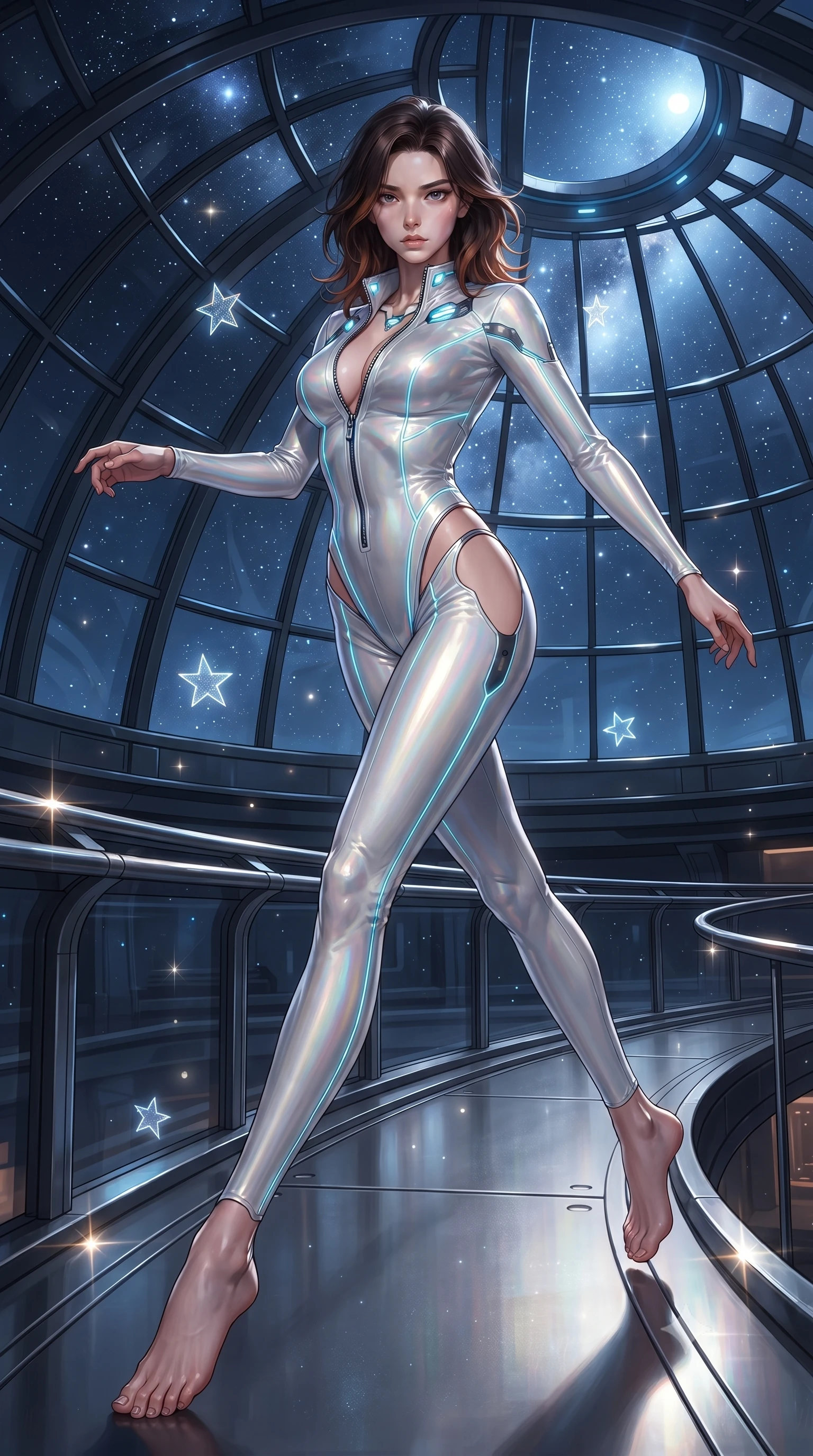 score_9, masterpiece, best quality, ultra-detailed, high-budget anime keyframe, editorial fashion photography, tasteful artistic composition, Korean woman. low angle full-body shot from head to toe showing her feet, filling the entire 9:16 vertical frame with her statuesque presence, stretching her vertical silhouette. leaping through mid-air with an athletic yet alluring arch of her spine, her impossibly long slender legs stretched in flawless poise while stepping along a curved mezzanine walkway under a soaring glass dome catching brilliant starlight and moonlight. The surrounding environment is rendered in vivid detail and crisp panoramic clarity. rich chiaroscuro lighting and classic Renaissance-futuristic observatory design in panoramic precision. She has an absolutely perfect, statuesque 8.5-heads proportion, an exceptionally tall and slender model-like female figure with impossibly long slender legs, a toned flat midriff, and an ultra-slim waist. sharp v-shaped jawline, high-bridge nose, intricate jewel-like eyes with depth, thick eyelashes, glossy lips with a natural sheen, flawlessly proportioned anatomical accuracy, strict slender model proportions, natural body alignment, perfectly sculpted long slender limbs, ultra-slim waistline, clean dynamic posture without body distortion. wearing a skin-tight cybernetic bodysuit with glowing neon seams, deep hip cutouts, and an aerodynamic athletic fit in glistening liquid pearl white with rainbow opalescence, formed from high-gloss patent material with specular light reflections, featuring a dangerously unzipped neckline framed by glowing cybernetic accents, the form-contouring material adhering flawlessly to her sculpted flat midriff and slender torso, emphasizing her long leg lines and perfectly proportioned willowy build. illuminated by glowing holographic star glyphs and crisp specular highlights on polished metal. ultra-reflective glossy finish, specular highlights, metallic sheen, high-contrast stereoscopic depth, volumetric dynamic lighting, 2k, ultra detail, master piece, 9:16 ratio