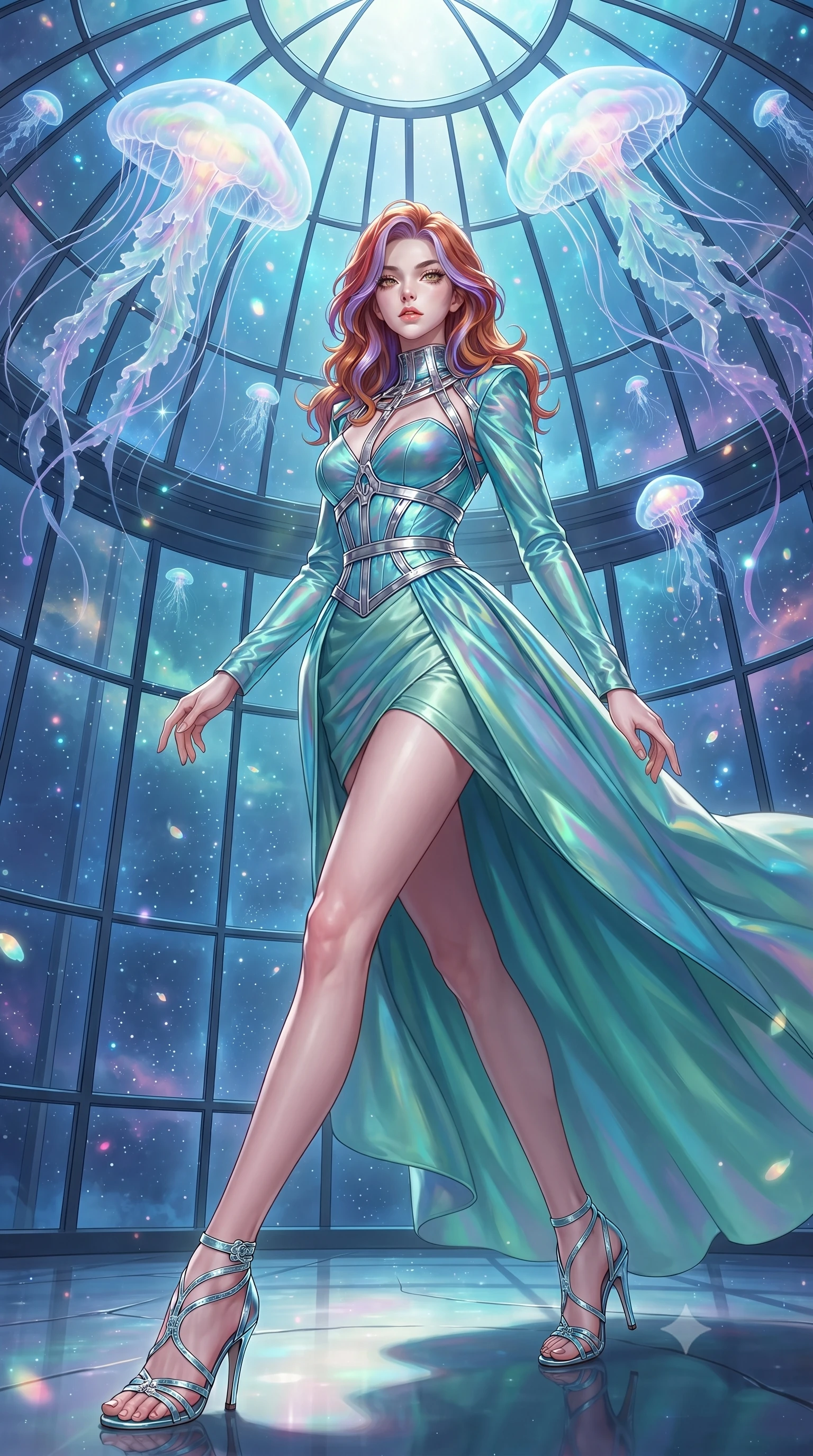 score_9, masterpiece, best quality, ultra-detailed, high-budget anime keyframe, editorial fashion photography, tasteful artistic composition, Caucasian woman. low angle full-body shot from head to toe showing her feet, filling the entire 9:16 vertical frame with her statuesque presence, stretching her vertical silhouette. interacting with floating opal particles, her long slender legs poised in motion, navigating a glass-walled celestial dome as giant bioluminescent opal jellyfish drift overhead, soft opal bioluminescence filtering through delicate translucent tentacles. She has an absolutely perfect, statuesque 8.5-heads proportion, an exceptionally tall and slender model-like female figure with impossibly long slender legs and an ultra-slim waist. sharp v-shaped jawline, high-bridge nose, intricate jewel-like eyes with depth, thick eyelashes, glossy lips with a natural sheen. wearing long-sleeved seafoam green satin gown with high structured collar in radiant platinum, made of iridescent turquoise taffeta, highlighted by a platinum metallic harness structure, highlighting her statuesque proportions and ultra-slim waistline. lit by ethereal celestial rays cascading through glass reflection panes. highly saturated vibrant anime colors, detailed shading with soft gradients, rich glossy textures, high-contrast stereoscopic depth, volumetric dynamic lighting, master piece, 9:16 ratio