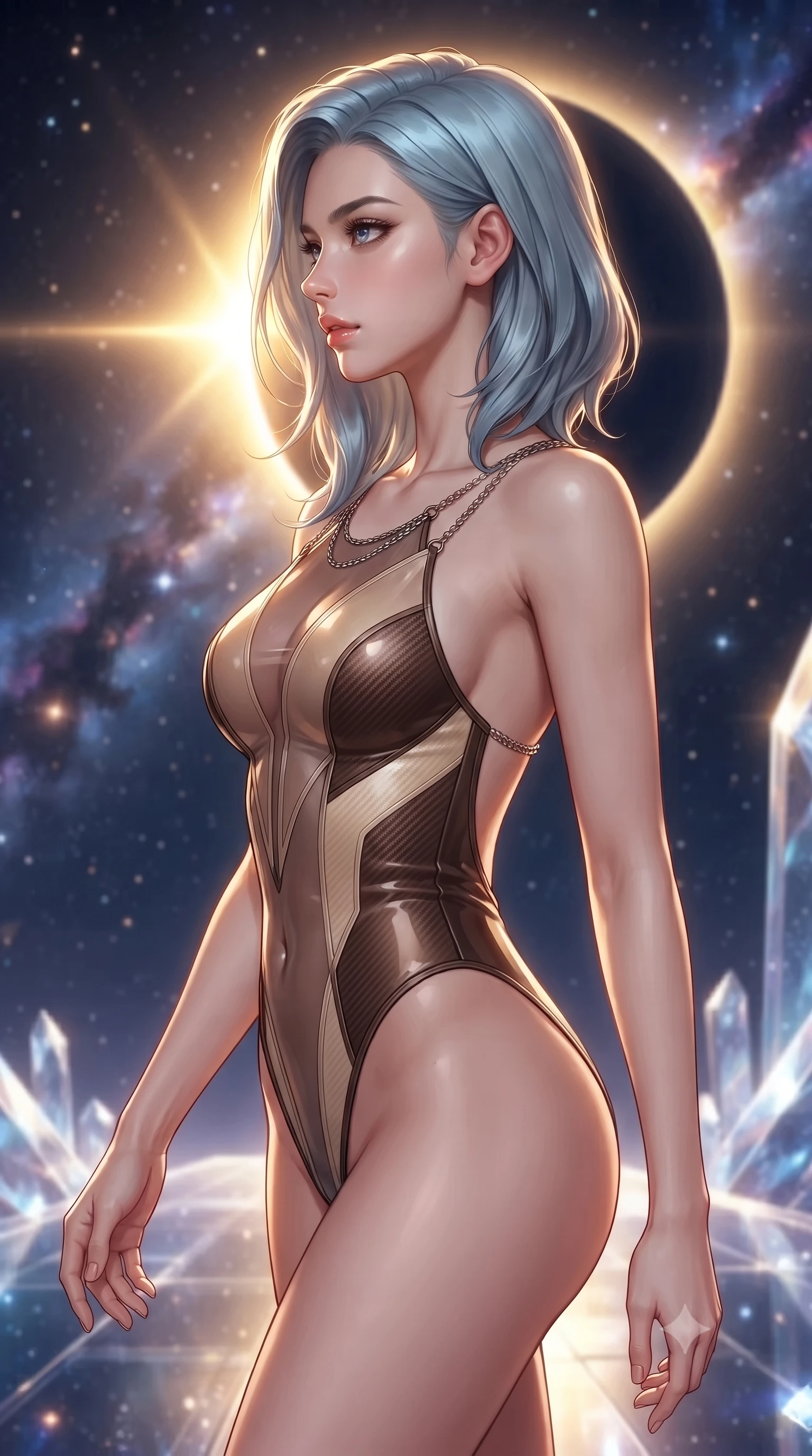 score_9, masterpiece, best quality, ultra-detailed, high-budget anime keyframe, editorial fashion photography, tasteful artistic composition, Korean woman. close-up cowboy shot from the waist and thighs up, the character dominates the composition, filling the frame with her large presence, background elements kept in soft focus. Turning her face in sharp dramatic profile against the bright light, showcasing her sharp v-shaped jawline stepping along a crystalline cosmic bridge in deep space, a cosmic eclipse casting brilliant golden rim highlights. She has an exceptionally elegant, slender, and willowy female figure with an ultra-slim waist, a gracefully sculpted slender torso, and a refined silhouette. sharp v-shaped jawline, high-bridge nose, intricate jewel-like eyes with depth, thick eyelashes, glossy lips with a natural sheen. wearing a high-cut translucent vinyl leotard with front paneling and open back in espresso brown and warm cream, made of fine carbon-fiber weave and soft matte leather, adorned with delicate metallic chain straps along the neckline, the tailored fabric tightly following every curve of her athletic build. illuminated by brilliant starlight and warm golden inner glow from the astrolabe. highly saturated vibrant anime colors, detailed shading with soft gradients, rich glossy textures, high-contrast stereoscopic depth, volumetric dynamic lighting, master piece, 9:16 ratio