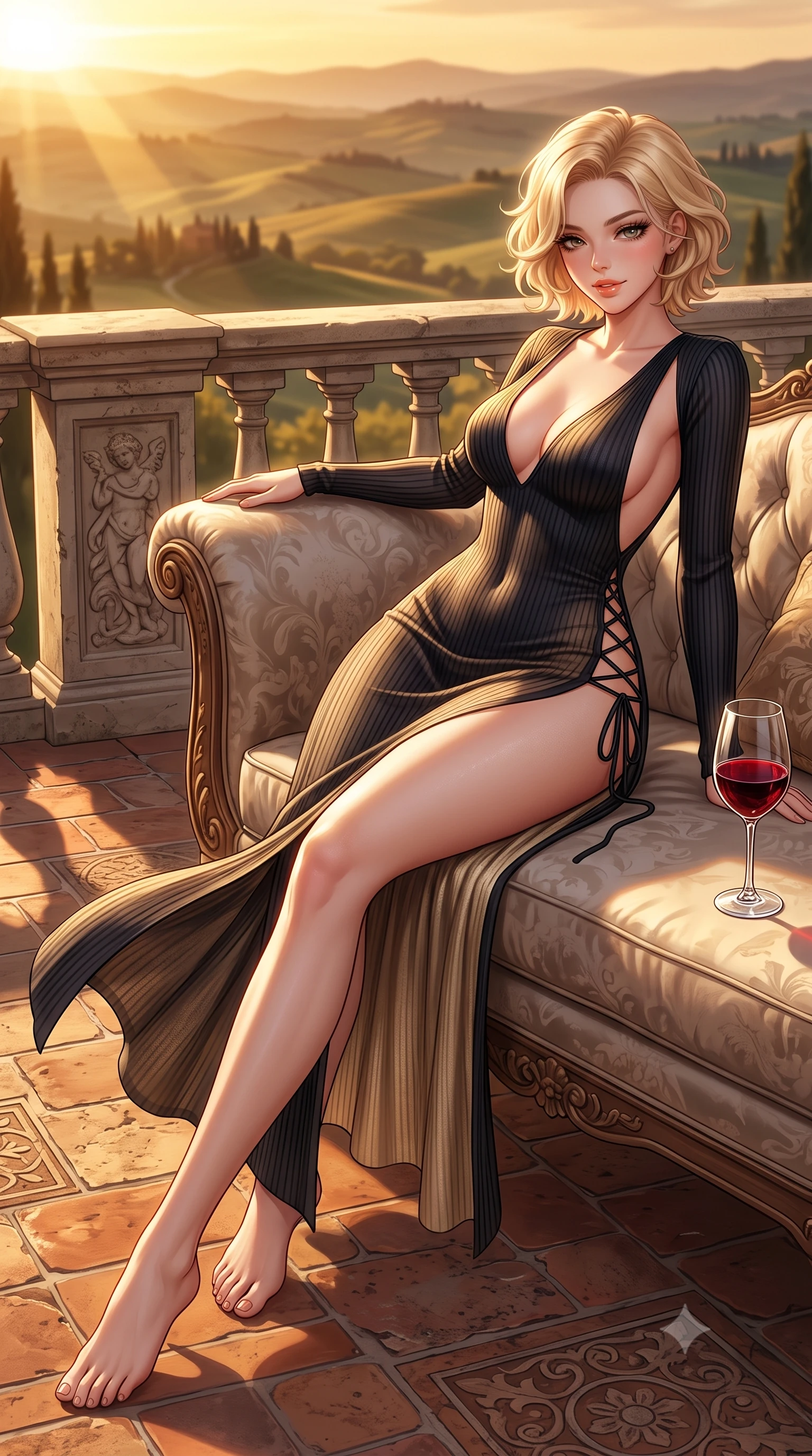 score_9, masterpiece, best quality, ultra-detailed, high-budget anime keyframe, semi-realistic 3D game render, editorial fashion photography, tasteful artistic composition, Caucasian woman. low angle full-body shot from head to toe showing her feet, filling the entire 9:16 vertical frame with her statuesque presence, stretching her vertical silhouette. reclining gracefully across the plush chaise lounge with one leg extended, her sculpted silhouette and flat midriff radiating magnetic nocturnal glamour while twisting her slender torso in an alluring contrapposto stance, warm Tuscan breeze fluttering her gown around her long slender legs and curvy hips. The surrounding environment is rendered in vivid detail and crisp panoramic clarity: sharp weathered terracotta floor tile texture, carved stone balustrade reliefs, and glistening wine in crystal glass in deep focus. She has an absolutely perfect, statuesque 8.5-heads proportion, an exceptionally tall and slender model-like female figure with impossibly long slender legs, an ultra-slim waist, a flat toned midriff, narrow delicate ribcage, and beautifully sculpted feminine hips creating a graceful, slim hourglass silhouette without any bulky heaviness. sharp v-shaped jawline, high-bridge nose, sparkling eyes with hypnotic seductive depth, thick curled eyelashes, glossy parted lips with a natural dewy peach sheen, alluring bedroom-eyes with an enchanting coquettish smile, exuding magnetic siren charisma and sophisticated glamour, flawlessly proportioned anatomical accuracy, strict slender model proportions, natural body alignment, perfectly sculpted long slender limbs, ultra-slim waistline, clean dynamic posture without body distortion. wearing a plunging V-neck rib-knit sweater dress with an open-back scoop and daring side leg slit in midnight obsidian black and liquid champagne gold, made of semi-opaque stretch illusion mesh with soft shadowy contours, featuring fine criss-cross lace-up side ties revealing tantalizing glimpses of her hip curve, the second-skin tailored fabric adhering flawlessly to her sculpted flat midriff and slender torso, emphasizing her long leg lines and perfectly proportioned willowy build. bathed in the deep, rich golden hour sunlight streaming horizontally across the Tuscan rolling hills. highly saturated vibrant anime colors, detailed shading with soft gradients, rich glossy textures, high-contrast stereoscopic depth, volumetric dynamic lighting, master piece, 9:16 ratio