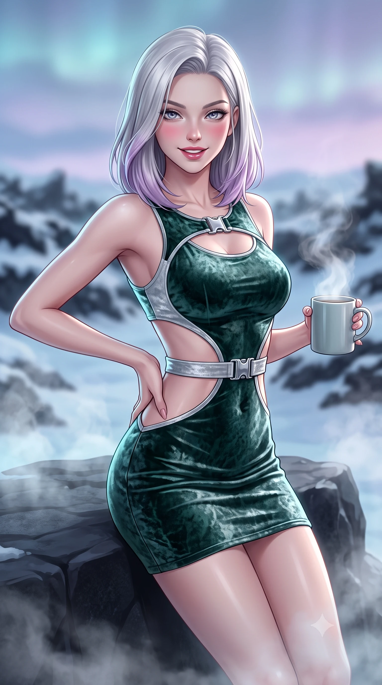 score_9, masterpiece, best quality, ultra-detailed, high-budget anime keyframe, semi-realistic 3D game render, editorial fashion photography, tasteful artistic composition, Caucasian woman. close-up cowboy shot from the waist and thighs up, the character dominates the composition, filling the frame with her large presence. twisting her slender torso in an alluring contrapposto stance, one hand resting on her sculpted hip while holding a steaming mug with effortless poise while leaning against a smooth volcanic basalt rock ledge with hips cocked back, casting a smoldering bedroom-gaze through thick mineral steam. The composition keeps background elements in soft focus with dreamy creamy bokeh. endless jagged snow-covered black lava fields and soft Arctic pastel winter twilight blurred into cyan, charcoal, and lavender bokeh. She has an exceptionally elegant, slender, and willowy female figure with an ultra-slim waist, flat toned midriff, narrow ribcage, and sculpted feminine hips creating an alluring, slim hourglass silhouette without bulk. sharp v-shaped jawline, high-bridge nose, sparkling ice-crystal eyes with depth, frosty thick lashes, glossy parted lips with a rosy berry sheen, bright playful smile with an intoxicating seductive glint, rosy flushed cheeks radiating cozy warmth and dangerous allure, flawlessly proportioned anatomical accuracy, strict slender model proportions, natural body alignment, perfectly sculpted long slender limbs, ultra-slim waistline, clean dynamic posture without body distortion. wearing a cut-out knit mini dress with open-waist architecture emphasizing her hourglass curves in deep spruce green and frosted silver, crafted from sumptuous crushed winter velvet with deep light-absorbing plushness, accented with sculptural chrome hardware buckles framing the subtle cutouts, the form-fitting cut adhering flawlessly to her sculpted flat midriff and slender torso, emphasizing her long leg lines and perfectly proportioned willowy build. illuminated by milky-cyan water bounce fill and sharp silver rim lights sculpting her razor-sharp jawline, narrow waist, and curvy hips. highly saturated vibrant anime colors, detailed shading with soft gradients, rich glossy textures, high-contrast stereoscopic depth, volumetric dynamic lighting, master piece, 9:16 ratio